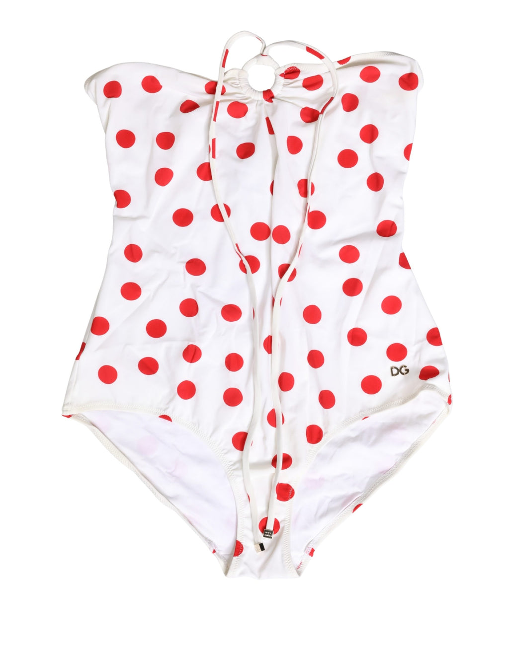 Maillot de bain une pièce blanc à pois Dolce & Gabbana, avec bretelles épaisses et style élégant, vue de face.