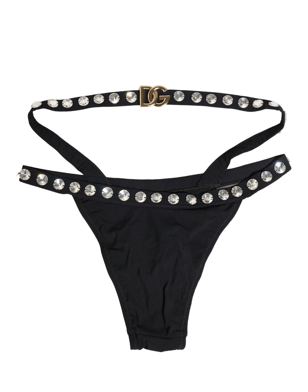 Bas de bikini Dolce & Gabbana noir orné de cristaux brillants, maillot de bain élégant et sophistiqué.
