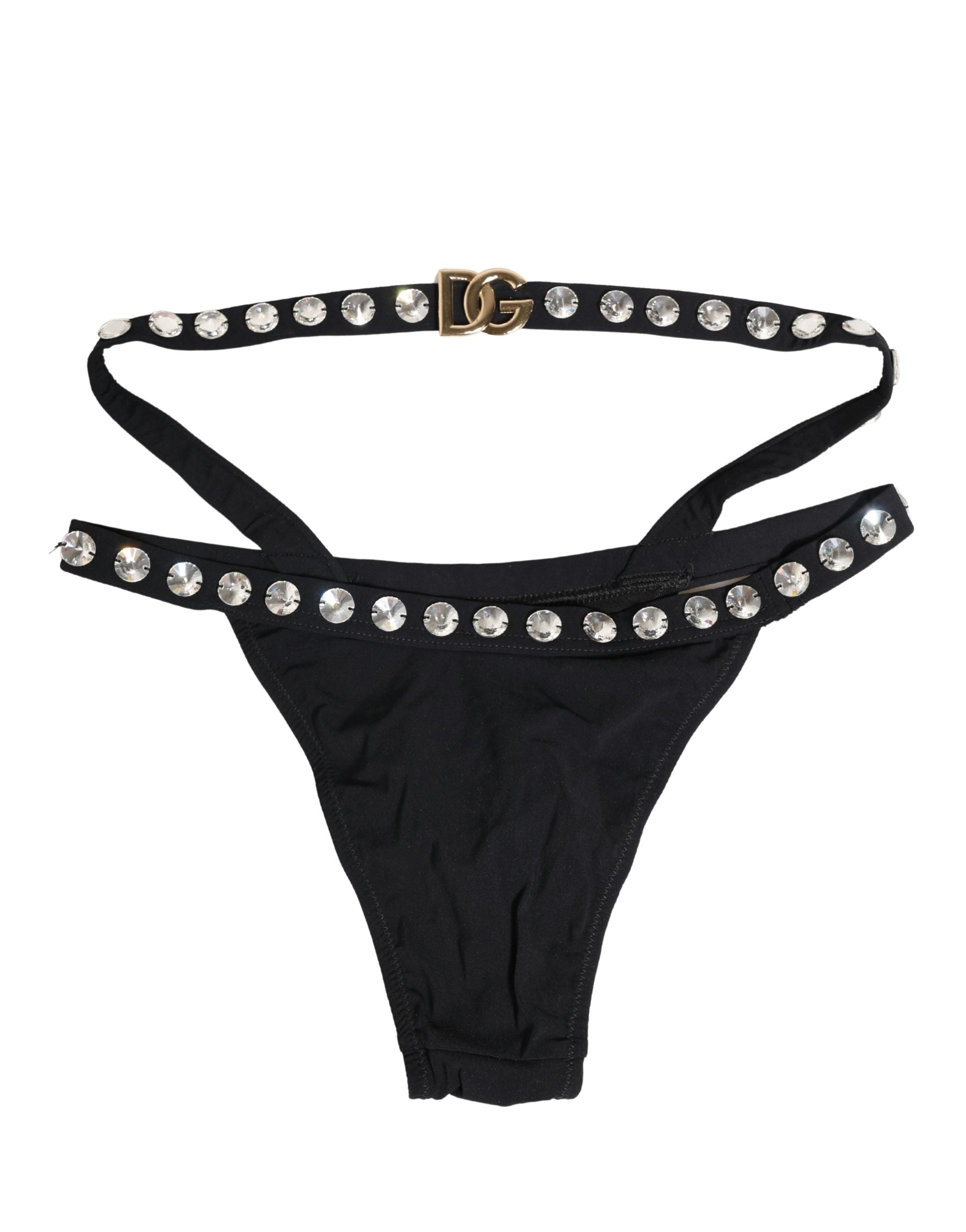 Bas de bikini Dolce & Gabbana noir orné de cristaux brillants, maillot de bain élégant et sophistiqué.