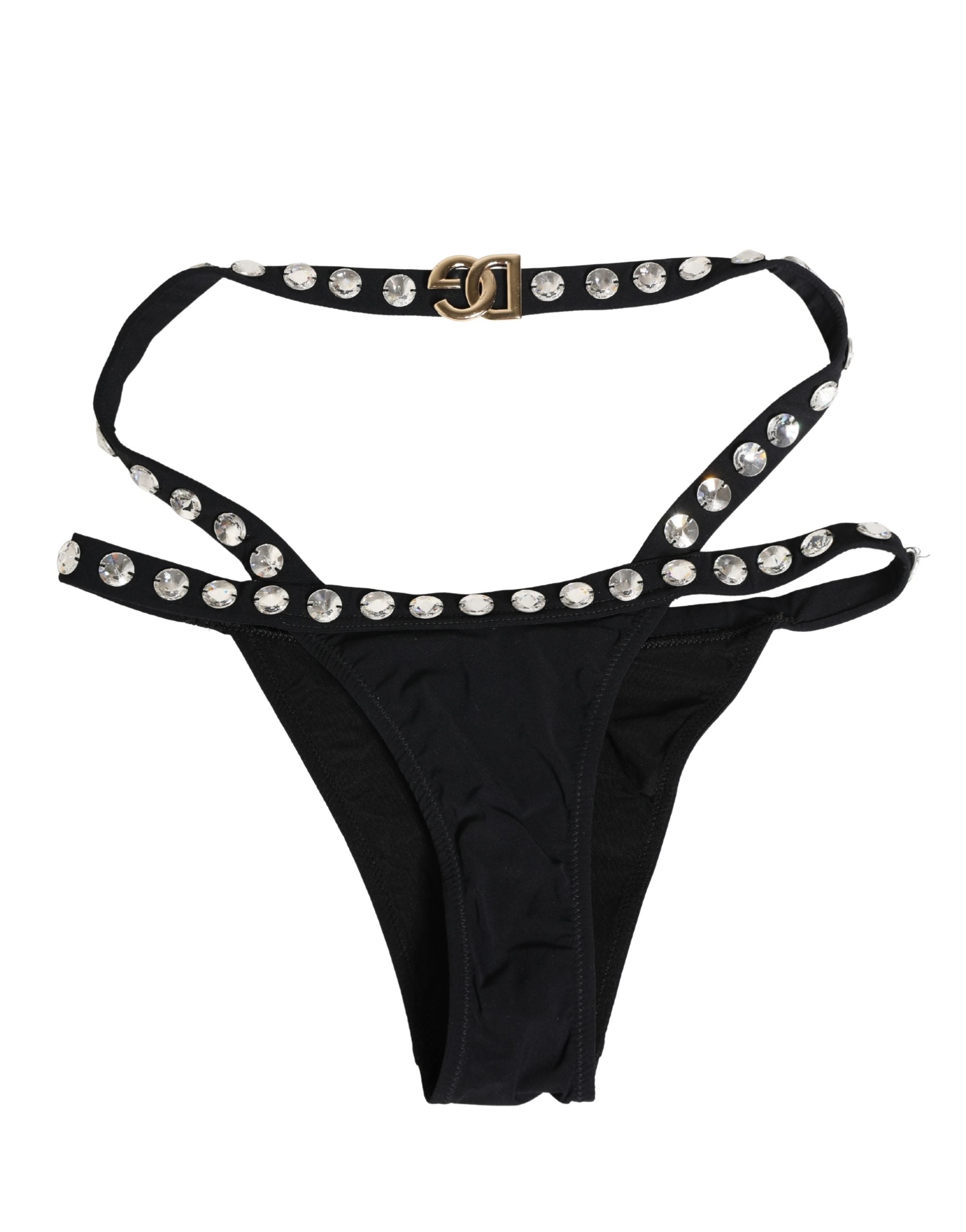 Bas de maillot de bain noir Dolce & Gabbana avec embellissements en cristal, style élégant et sophistiqué.