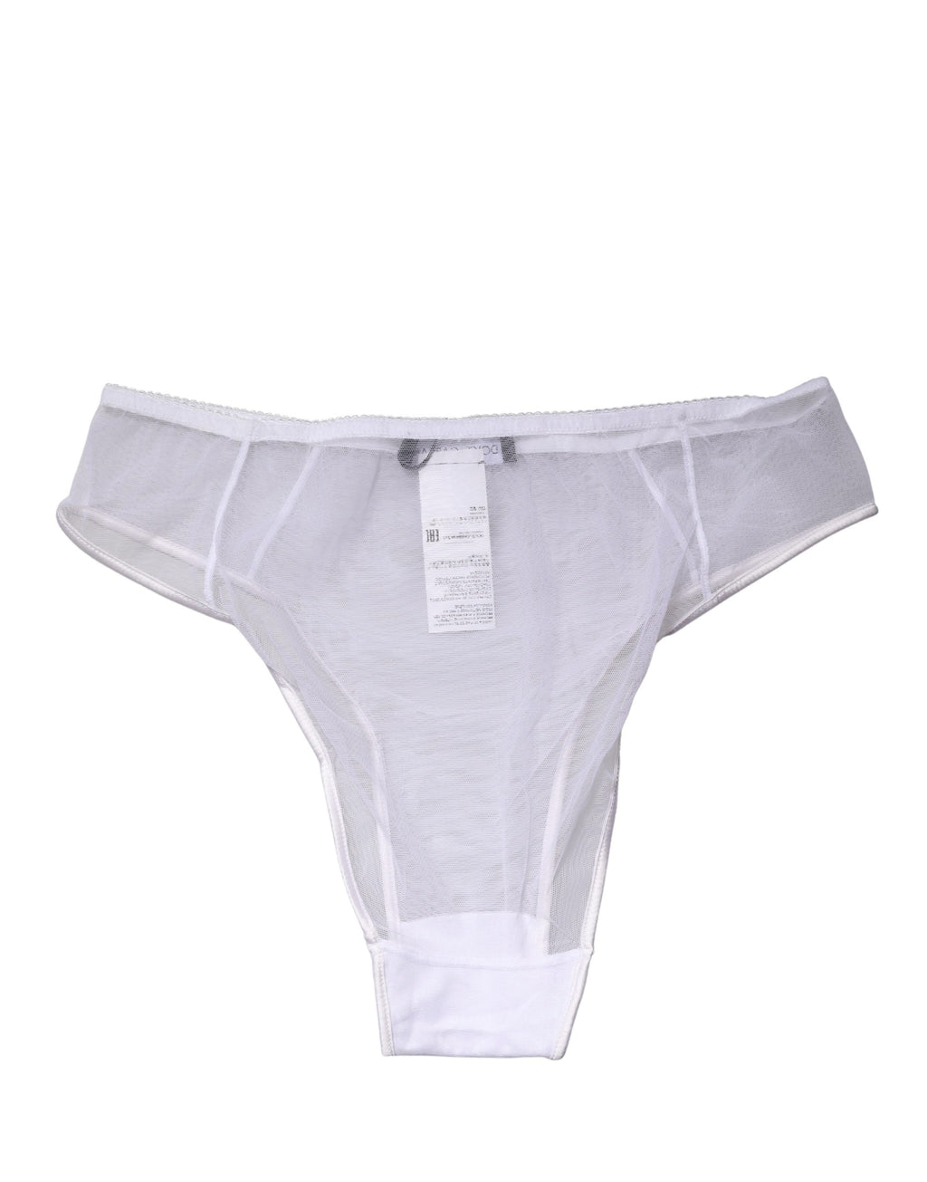 Sous-vêtements Dolce & Gabbana, culotte haute en soie blanche transparente et extensible, vue de face sur fond neutre.