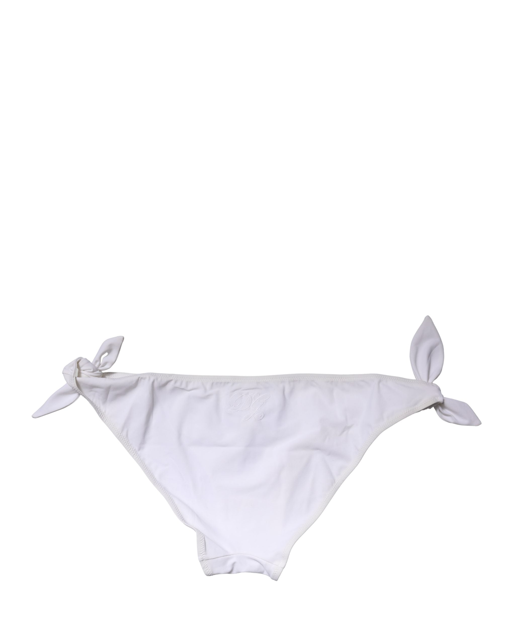 Maillot de bain bikini Dolce & Gabbana blanc avec liens latéraux, style élégant et moderne pour la plage ou la piscine.