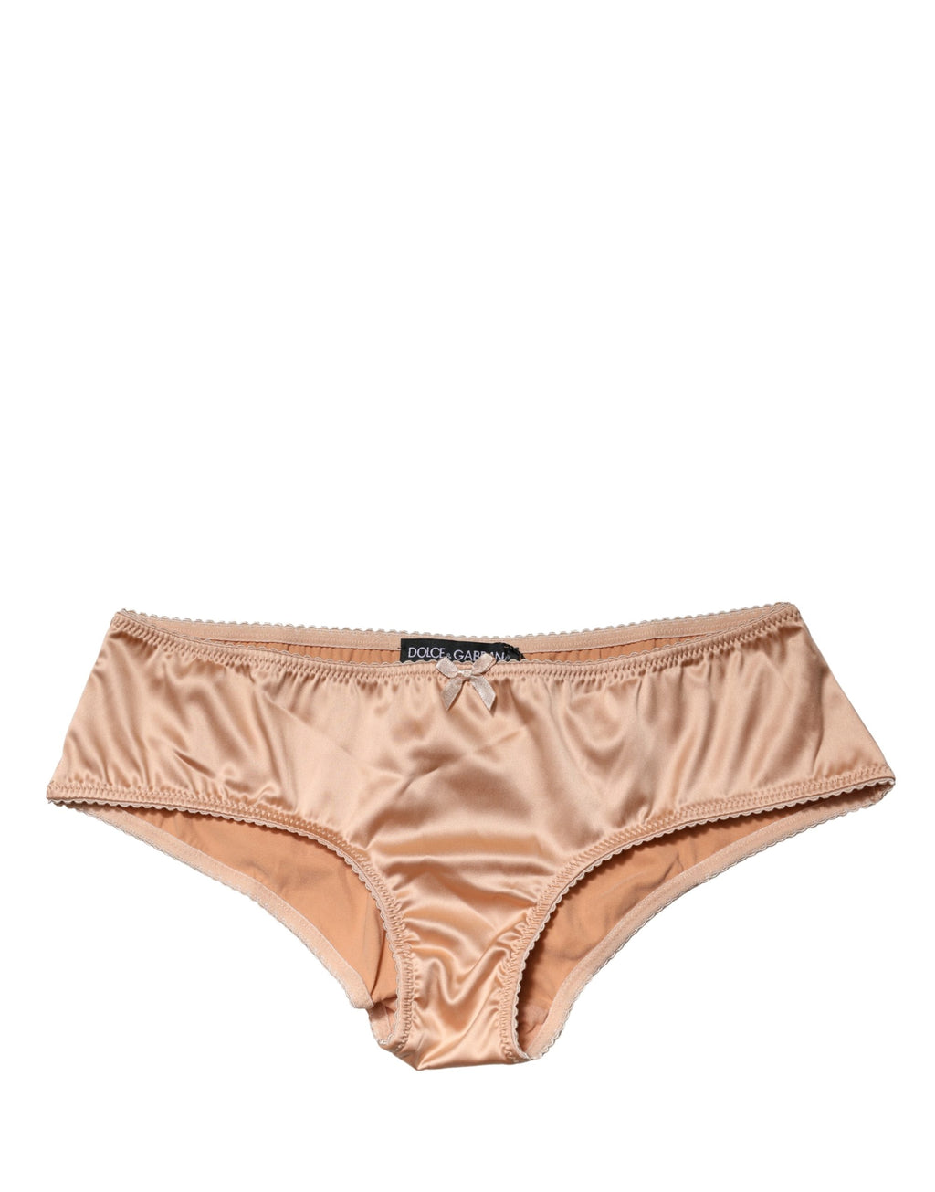 Culotte beige en soie stretch de taille moyenne de Dolce & Gabbana, vue de face, avec détails de finition élégants.