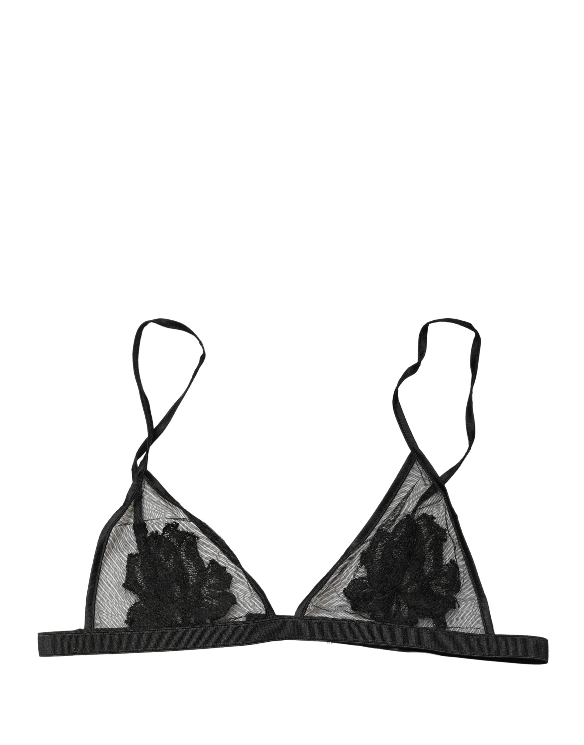 Soutien-gorge triangle noir Dolce & Gabbana avec motifs floraux en tissu doux et cups souples, lingerie élégante et confortable.