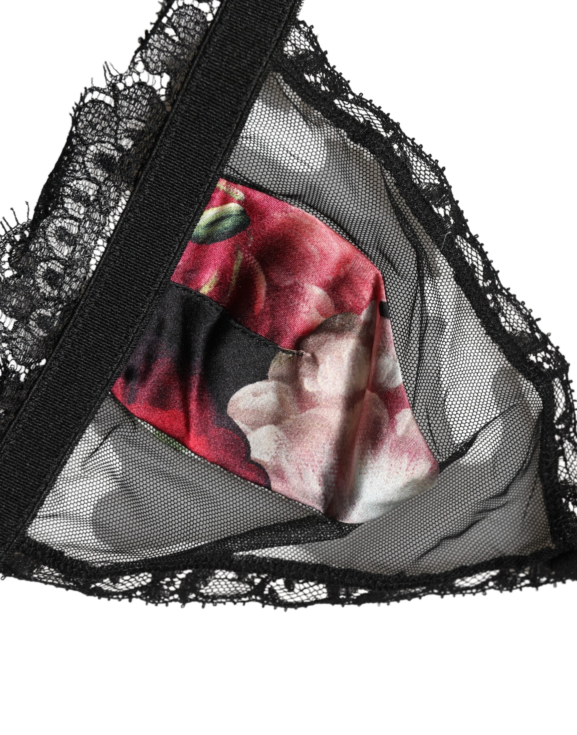 Soutien-gorge triangle noir à fleurs Dolce & Gabbana, brassière douce en coton avec cups souples et motif floral élégant.
