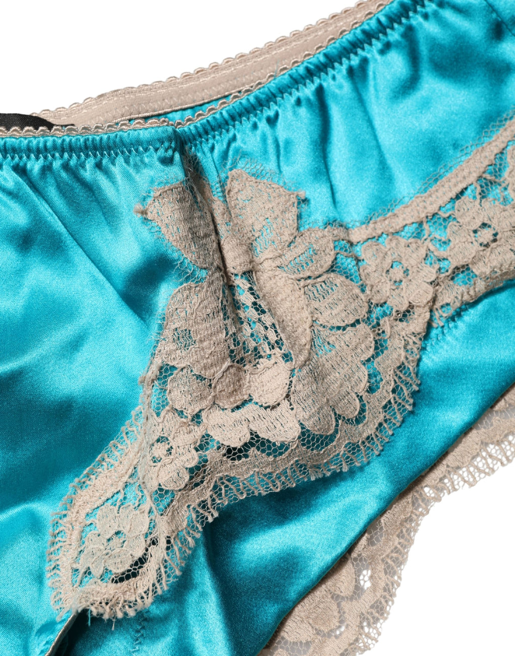 Culotte Dolce & Gabbana en satin de soie bleu avec dentelle florale, sous-vêtements élégants et raffinés.