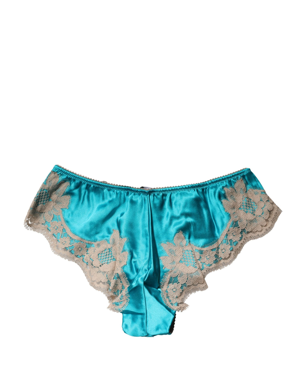 Culotte en soie bleue satinée avec dentelle florale de Dolce & Gabbana, sous-vêtements élégants et raffinés.