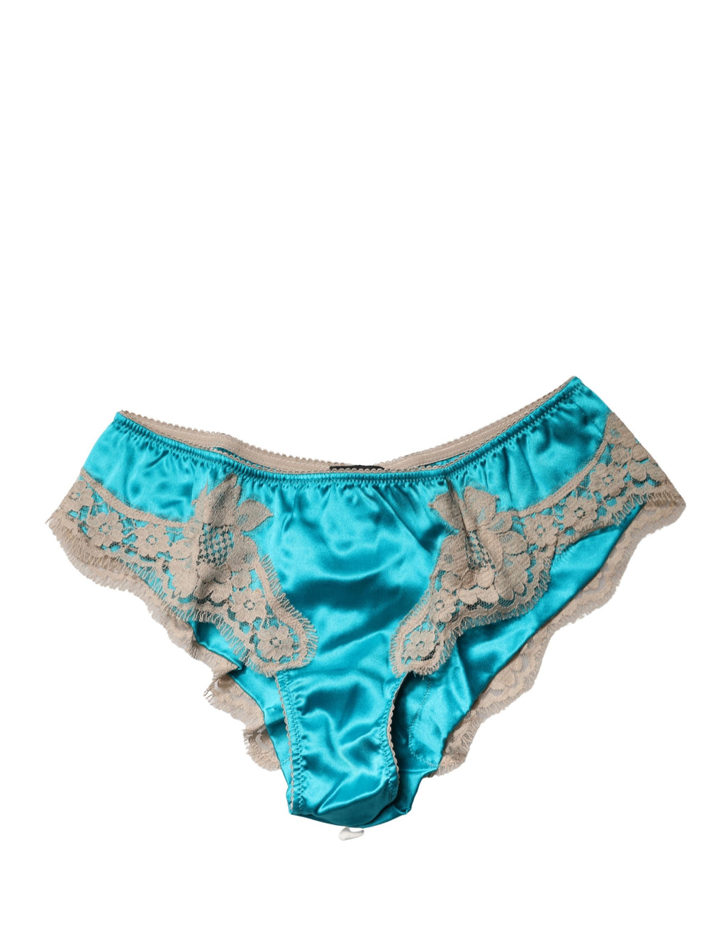 Culotte en soie satinée bleue Dolce & Gabbana avec dentelle florale, sous-vêtements élégants et confortables.