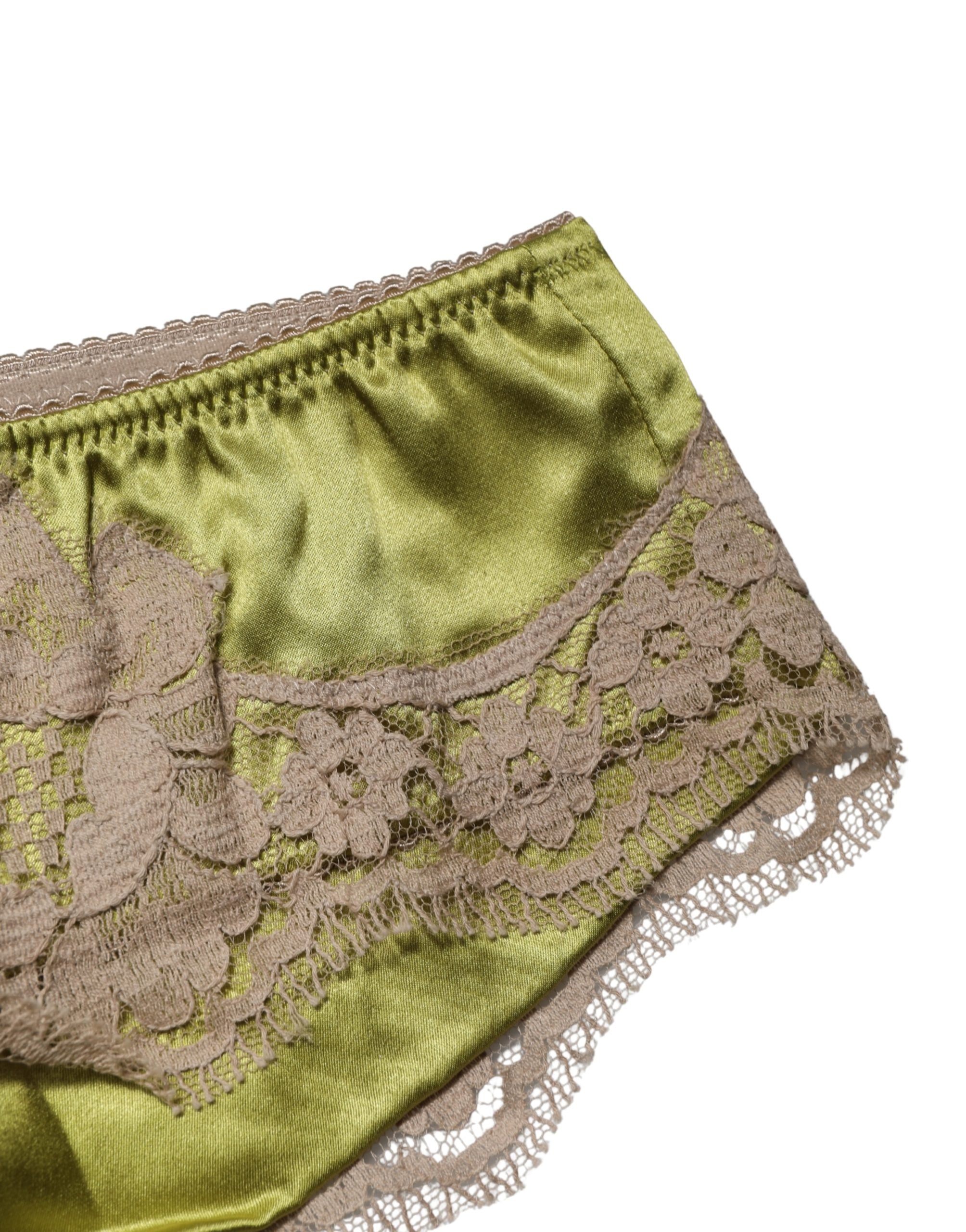 Culotte Dolce & Gabbana en satin de soie vert avec dentelle florale, sous-vêtements élégants et confortables.