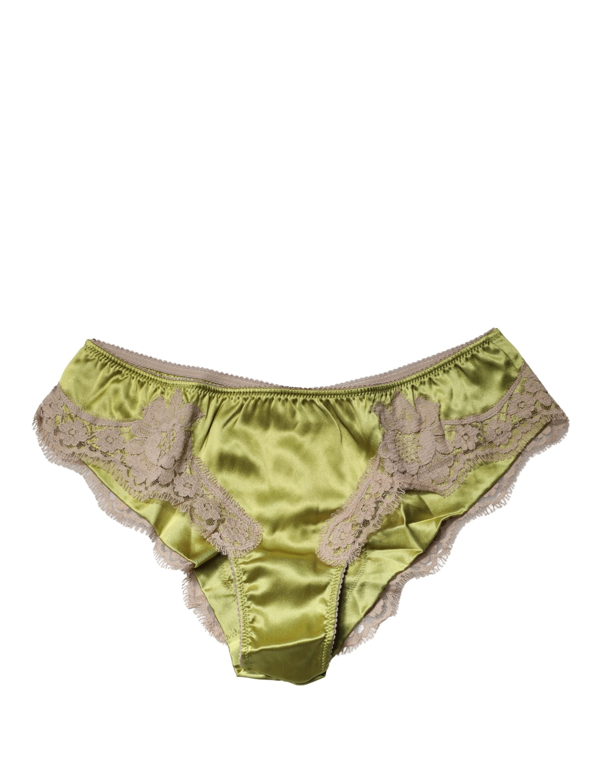 Culotte en satin de soie vert Dolce & Gabbana avec dentelle florale, confortable et élégante, vue de face sur fond neutre.