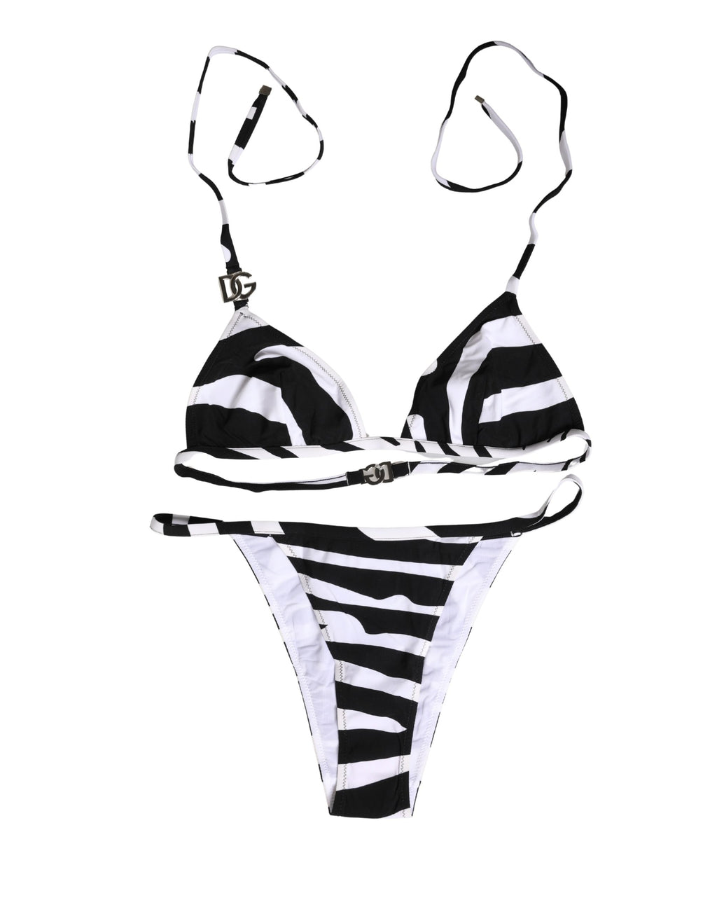 Maillot de bain bikini Dolce & Gabbana à motif zèbre noir et blanc, haut et bas pour femme, vue de face.