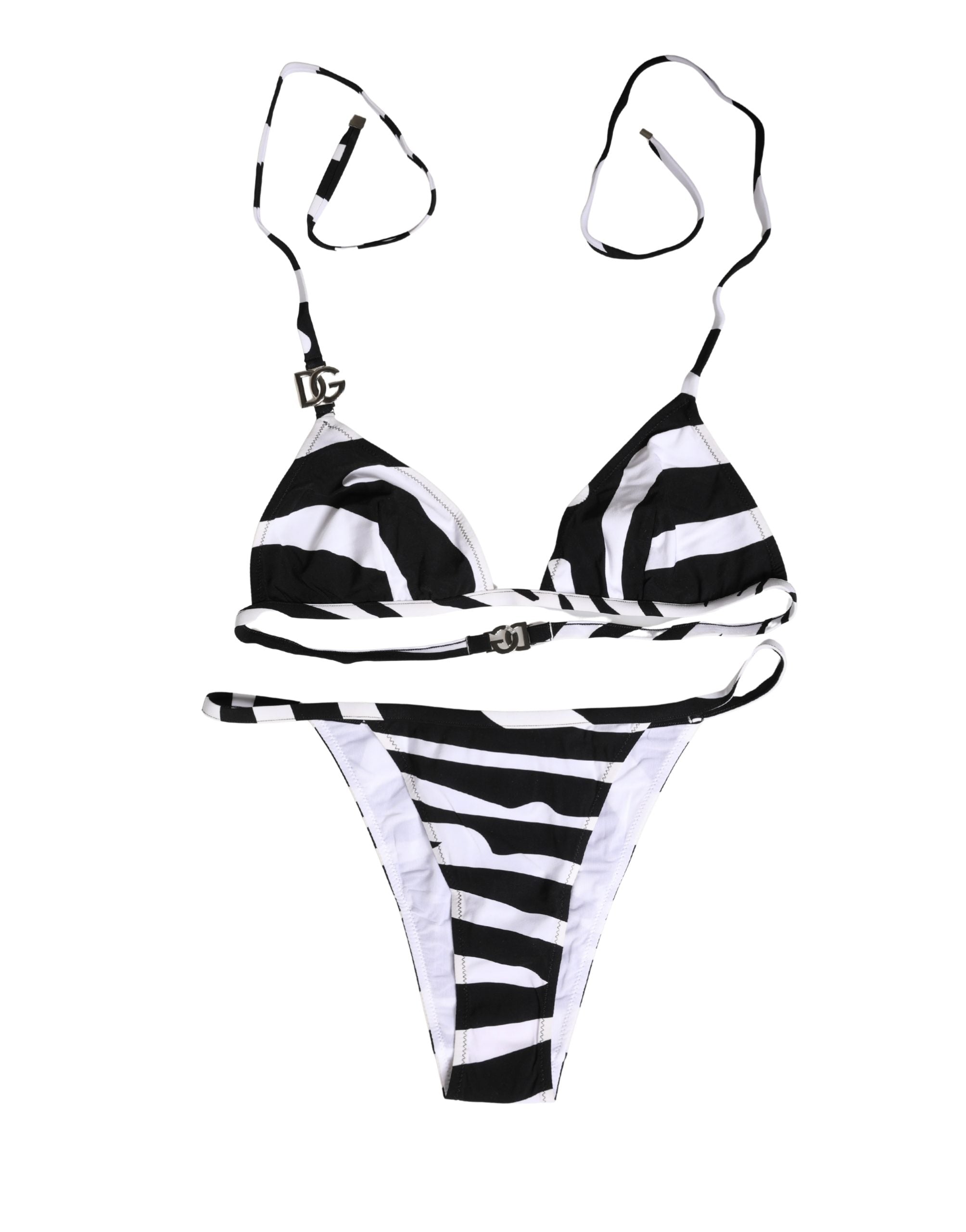 Maillot de bain bikini Dolce & Gabbana à motif zèbre noir et blanc, haut et bas pour femme, vue de face.