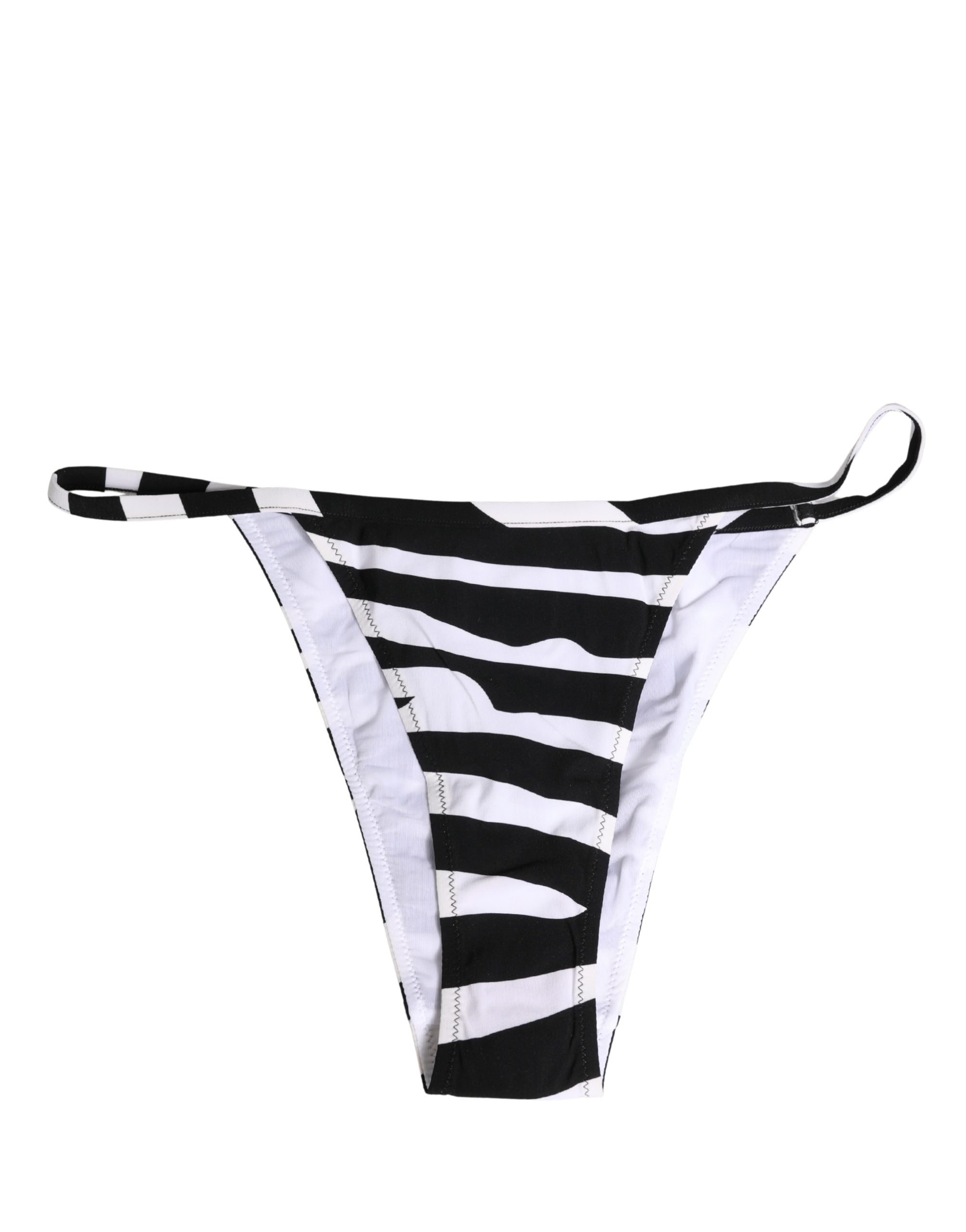 Bikini noir et blanc à motif zèbre de Dolce & Gabbana, haut et bas de maillot de bain pour femme, en tissu léger et élégant.