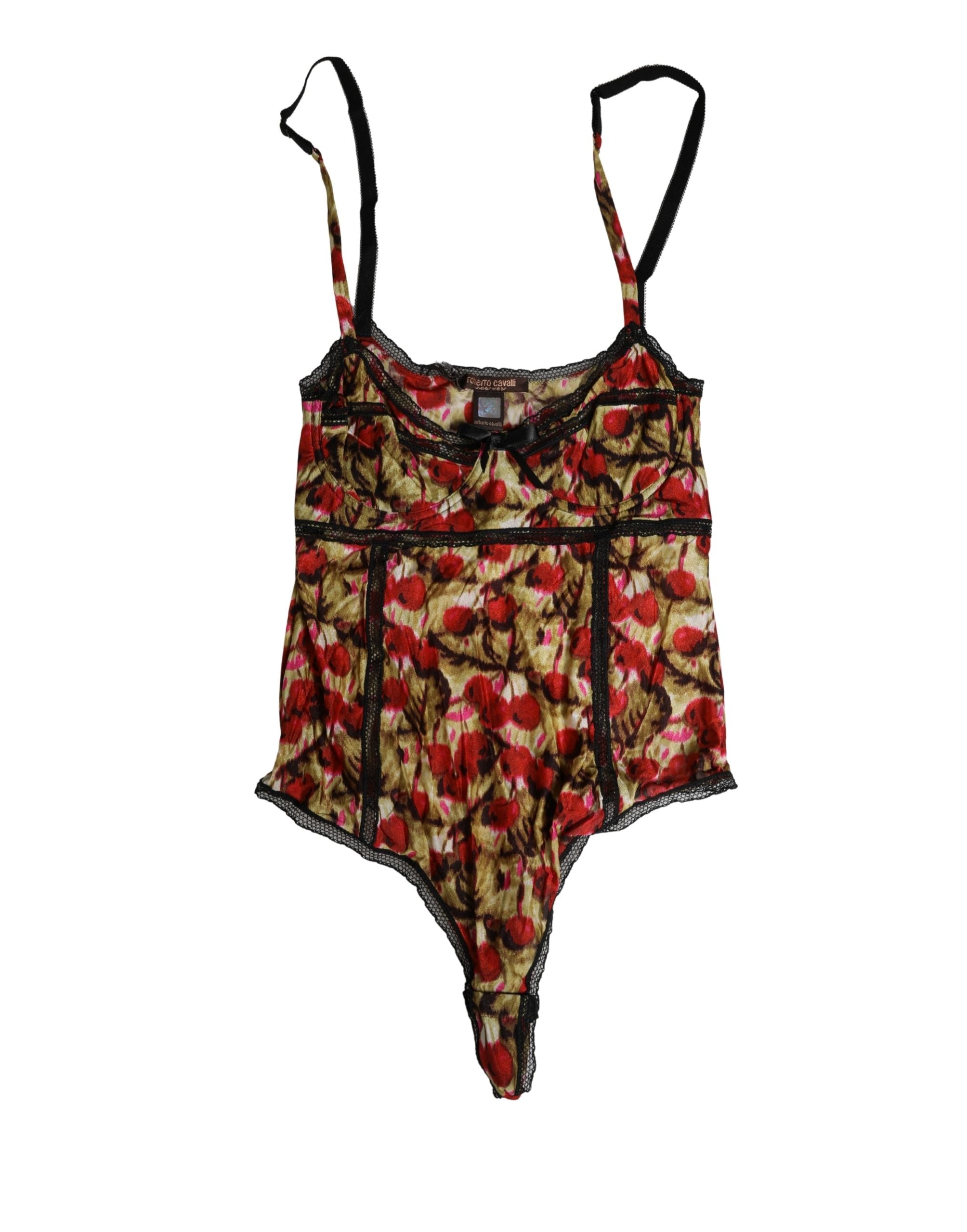 Body en dentelle multicolore avec motif cerise de Roberto Cavalli, sous-vêtement élégant et féminin.