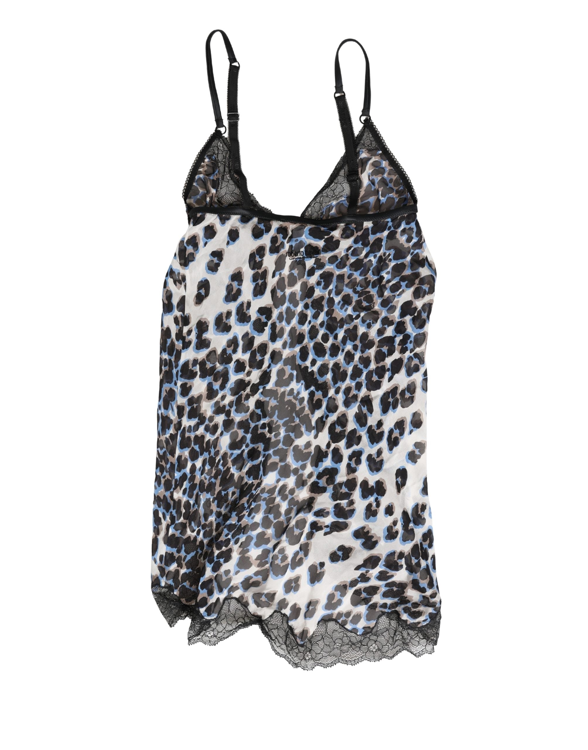 Chemise de lingerie Roberto Cavalli à motifs léopard multicolores, style babydoll, en tissu léger et élégant.