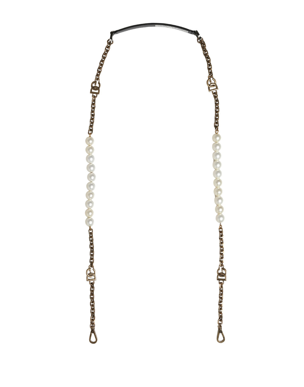 Sangle d'épaule en cuir noir Dolce & Gabbana avec chaîne en or pour sac à main ou accessoire de mode.