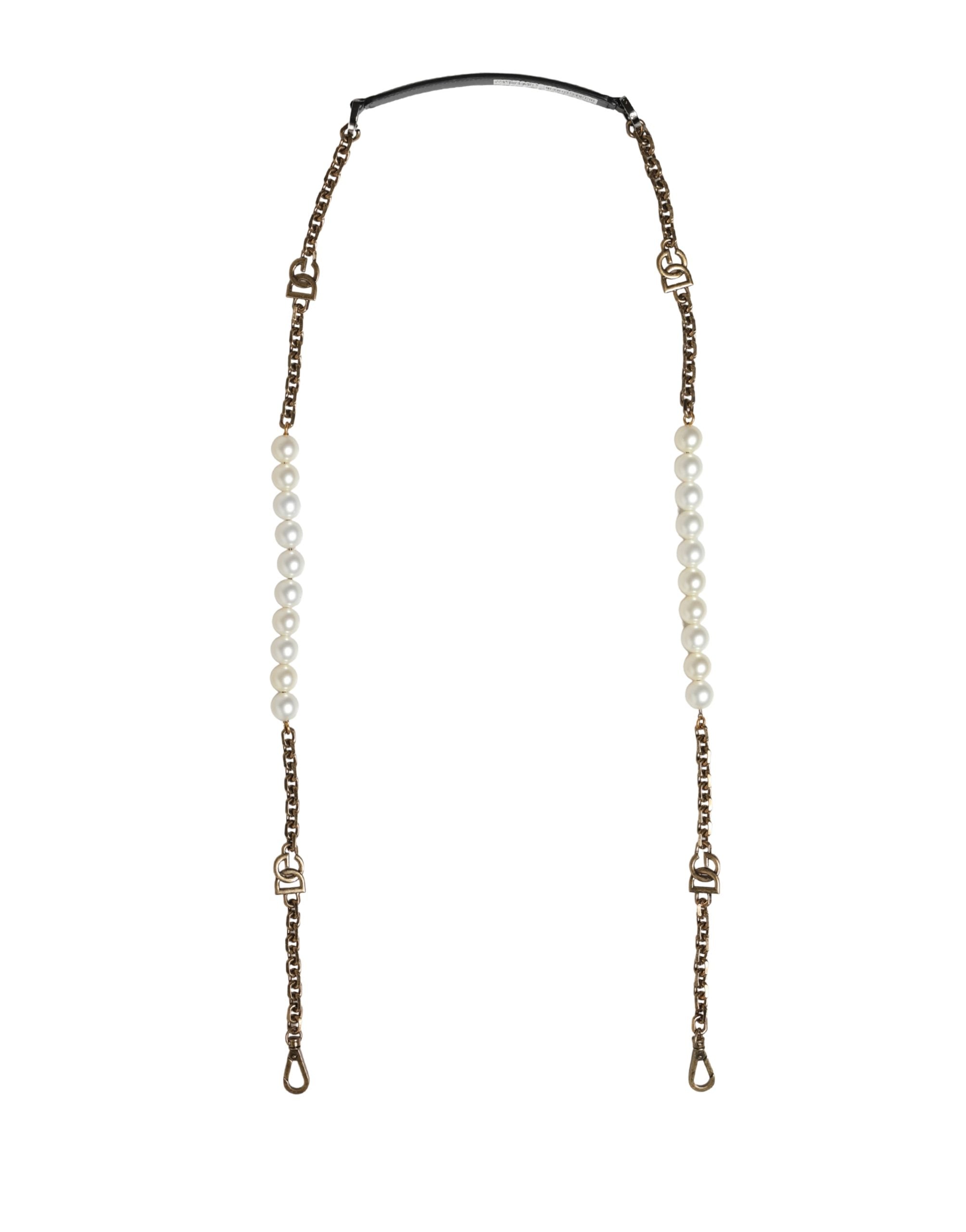 Sangle d'épaule en cuir noir Dolce & Gabbana avec chaîne en or pour sac à main ou accessoire de mode.
