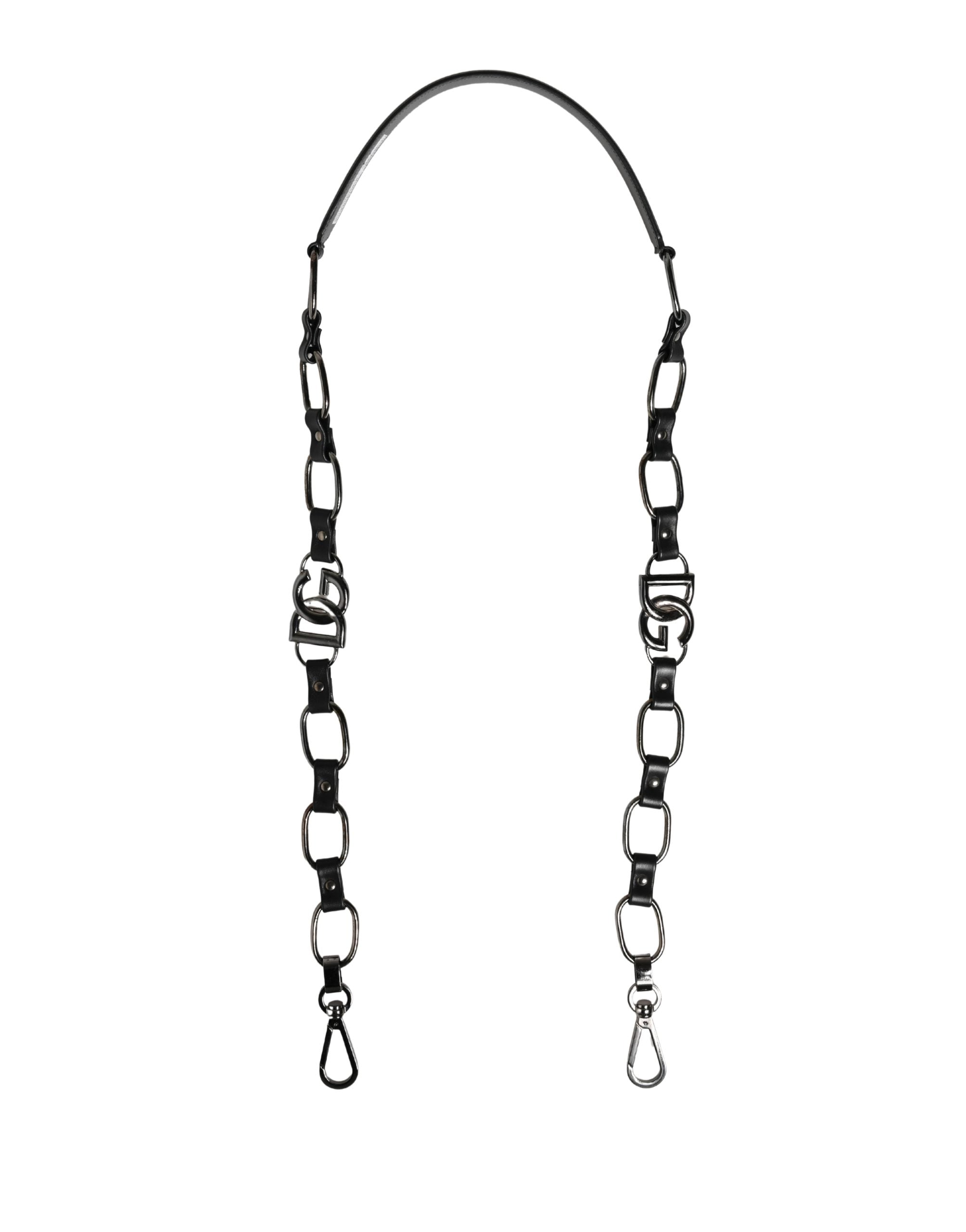 Sangle d'épaule en cuir noir et chaîne argentée pour sac Dolce & Gabbana, accessoire élégant et sophistiqué.