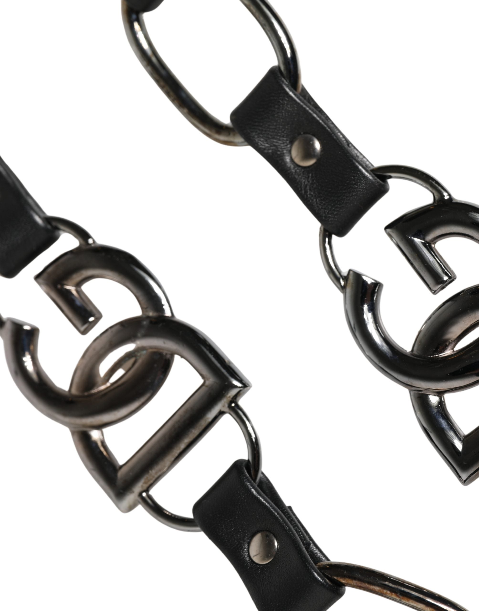 Sangle d'épaule en cuir noir et chaîne en argent de Dolce & Gabbana pour sac à main élégant.
