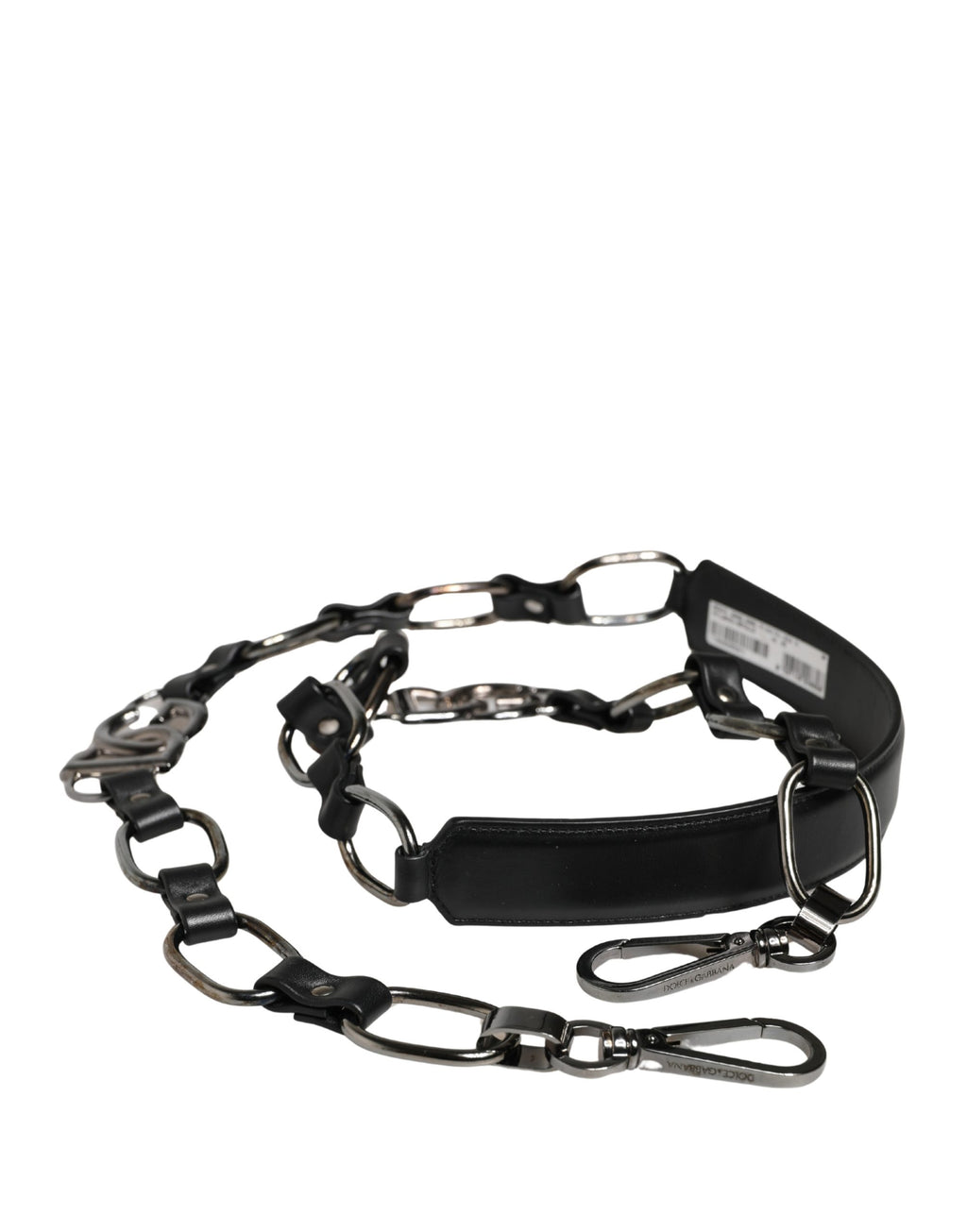 Sangle d'épaule en cuir noir Dolce & Gabbana avec chaîne argentée pour sac à main.