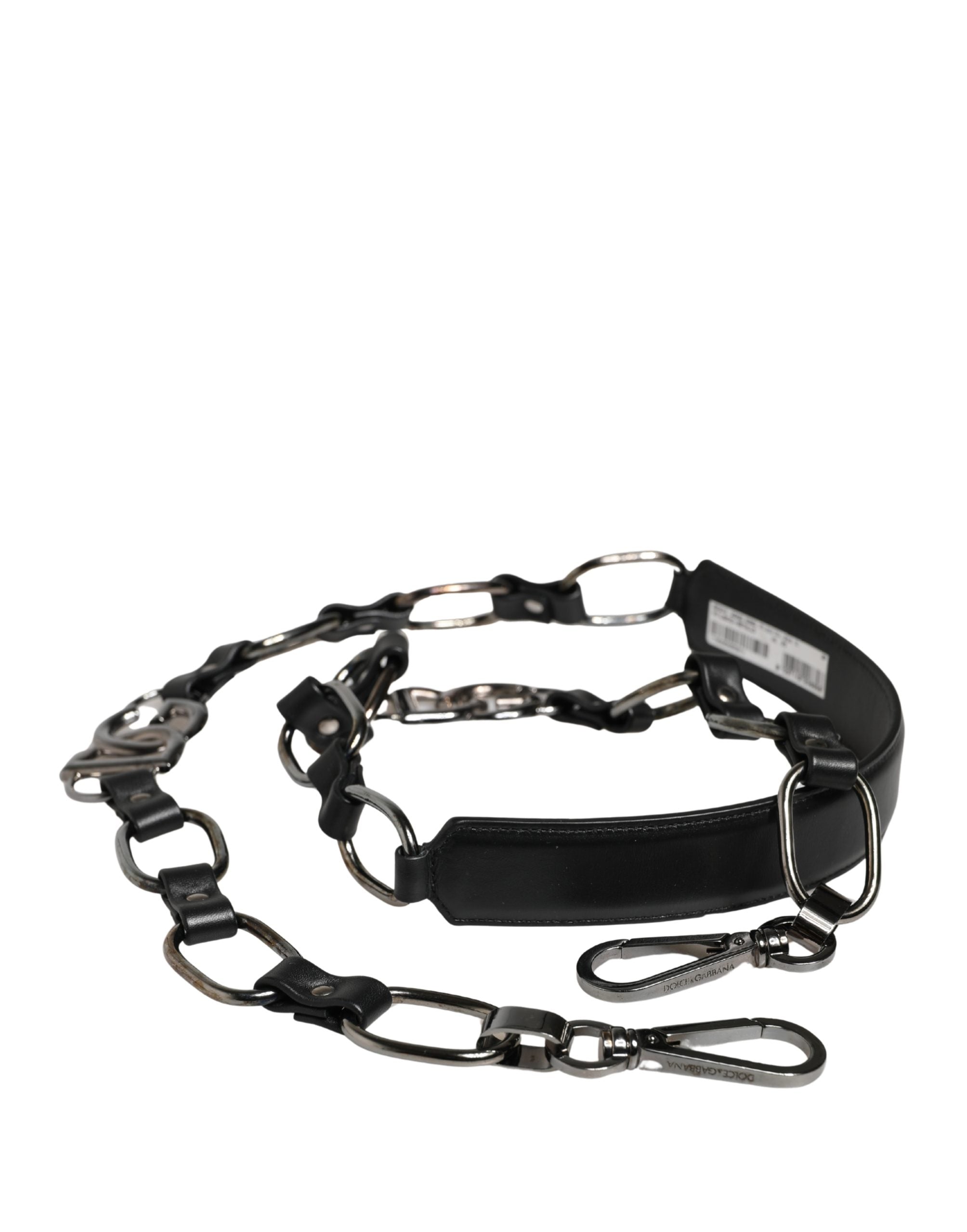 Sangle d'accessoire en cuir noir Dolce & Gabbana avec chaîne en argent pour sac à main.