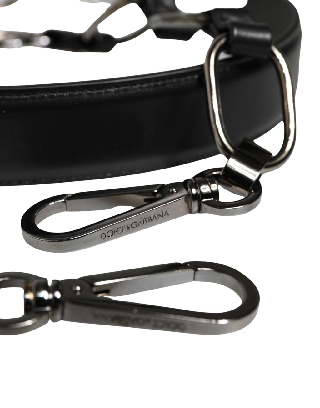 Sangle d'épaule en cuir noir et chaîne argentée pour sac Dolce & Gabbana, accessoire élégant et tendance.