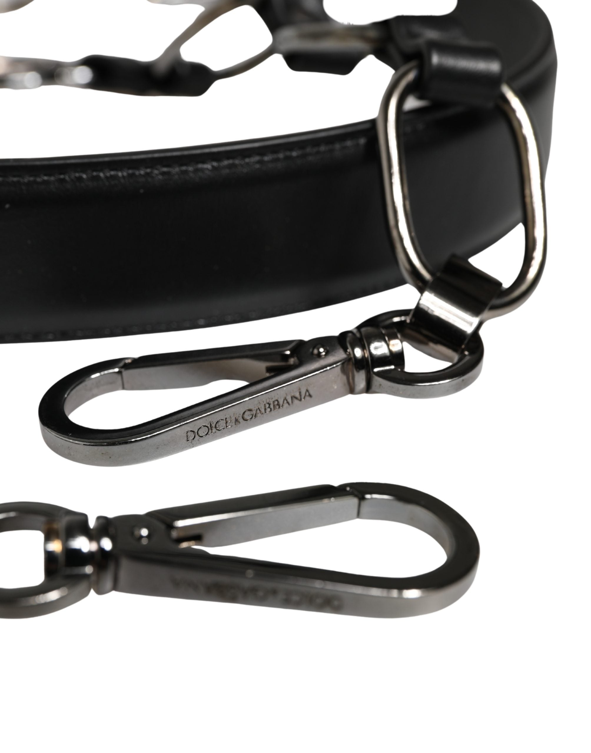 Sangle d'épaule en cuir noir et chaîne argentée pour sac Dolce & Gabbana, accessoire élégant et tendance.