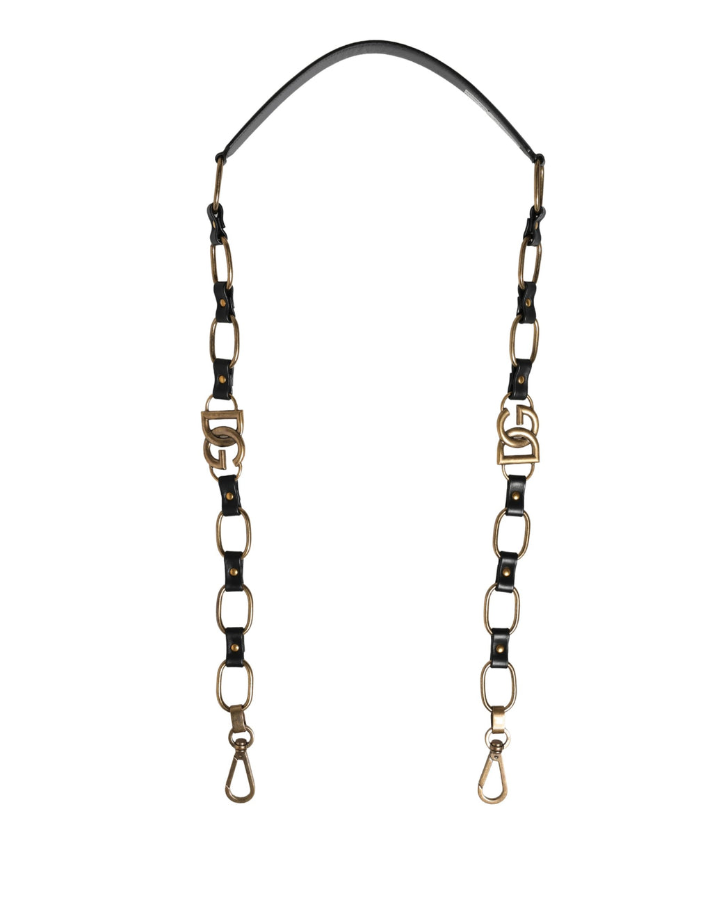 Sangle d'épaule en cuir noir Dolce & Gabbana avec chaîne en or pour sac à main ou accessoire de mode.