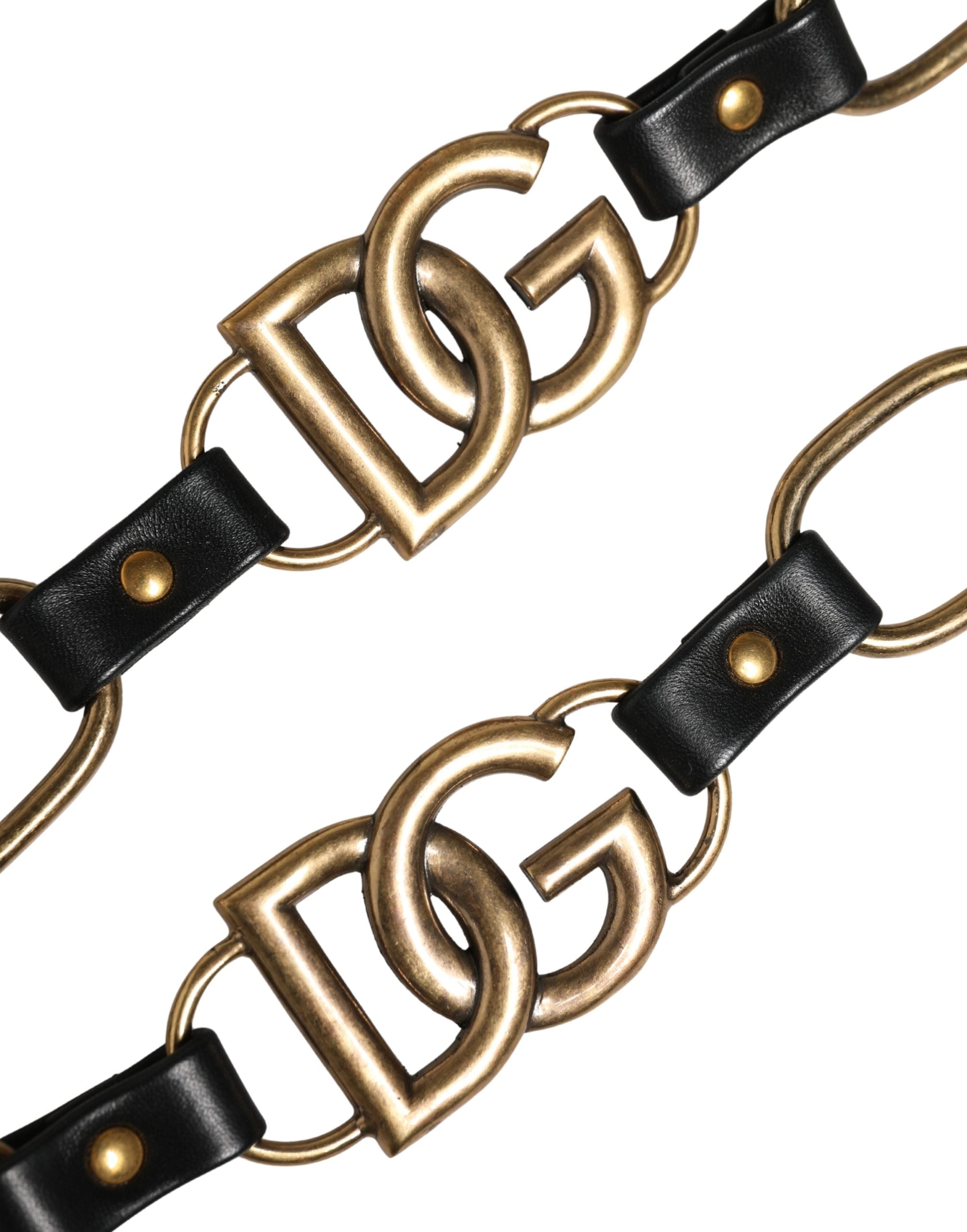 Sangle d'épaule en cuir noir Dolce & Gabbana avec chaîne en or pour sac à main et accessoire de mode.
