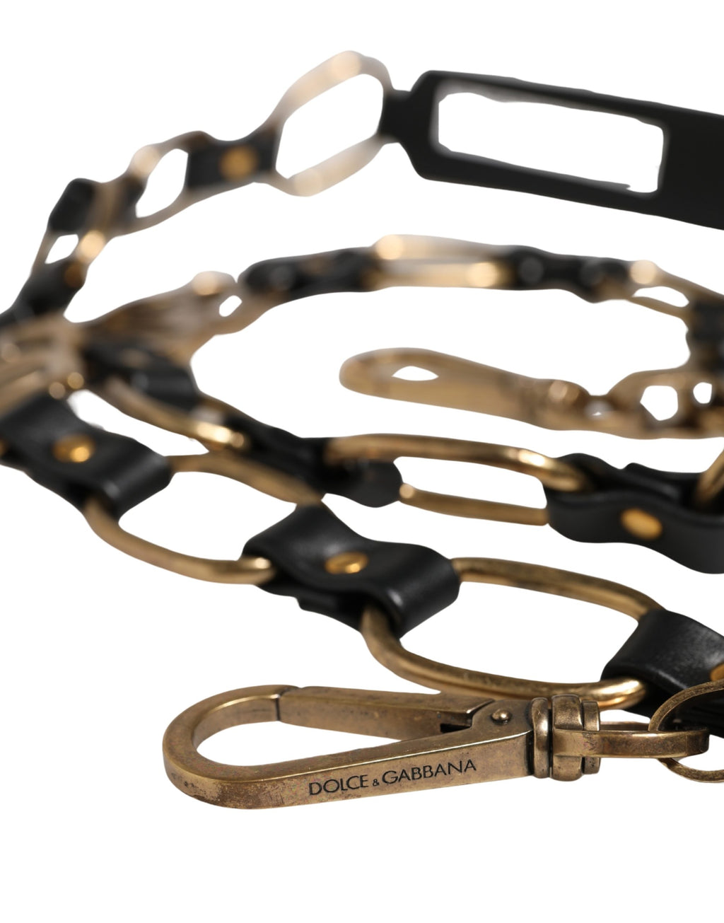 Sangle d'épaule en cuir noir Dolce & Gabbana avec chaîne dorée pour sac à main ou accessoire de mode.