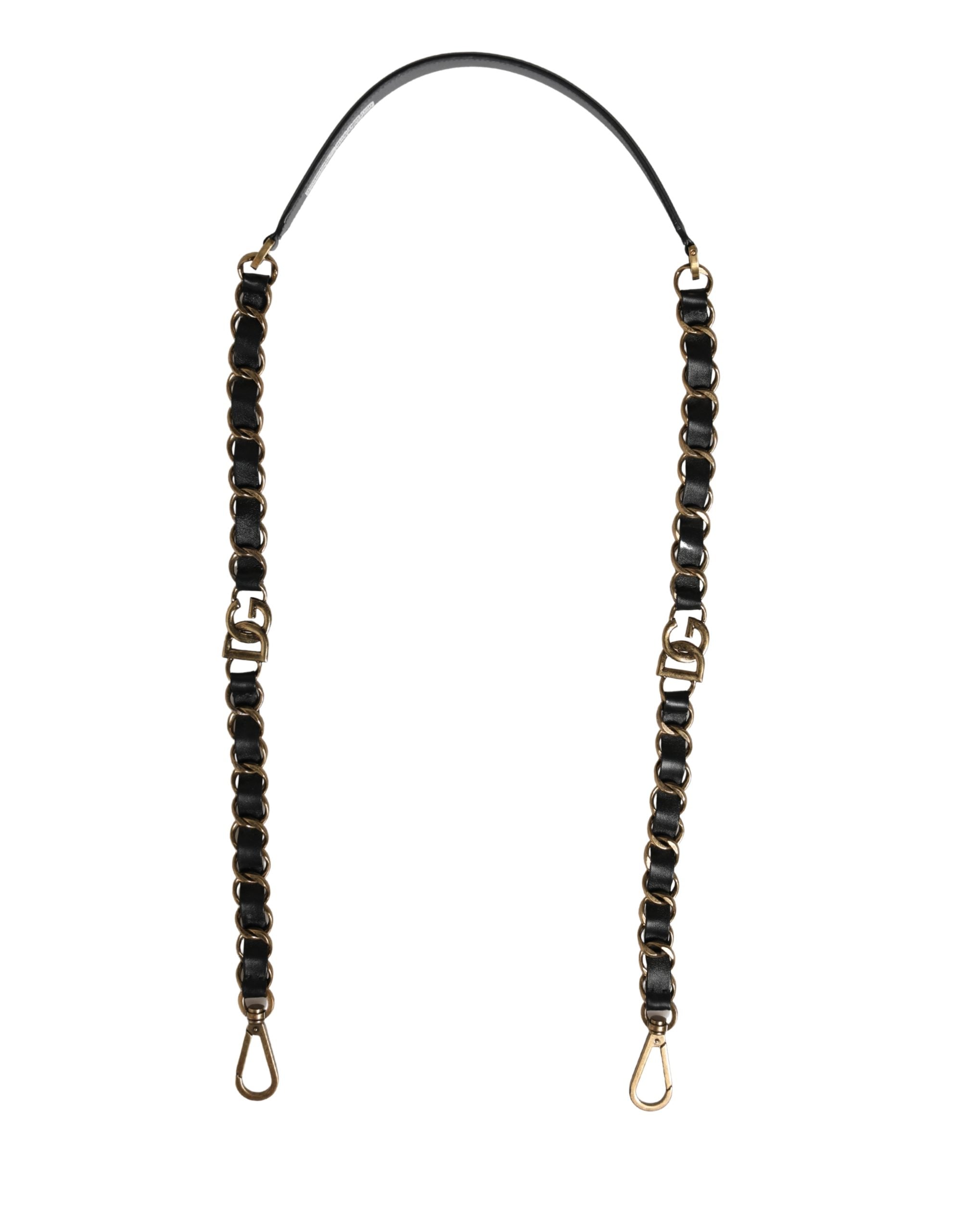Sangle d'épaule en cuir noir Dolce & Gabbana avec chaîne dorée pour sac à main ou accessoire de mode.