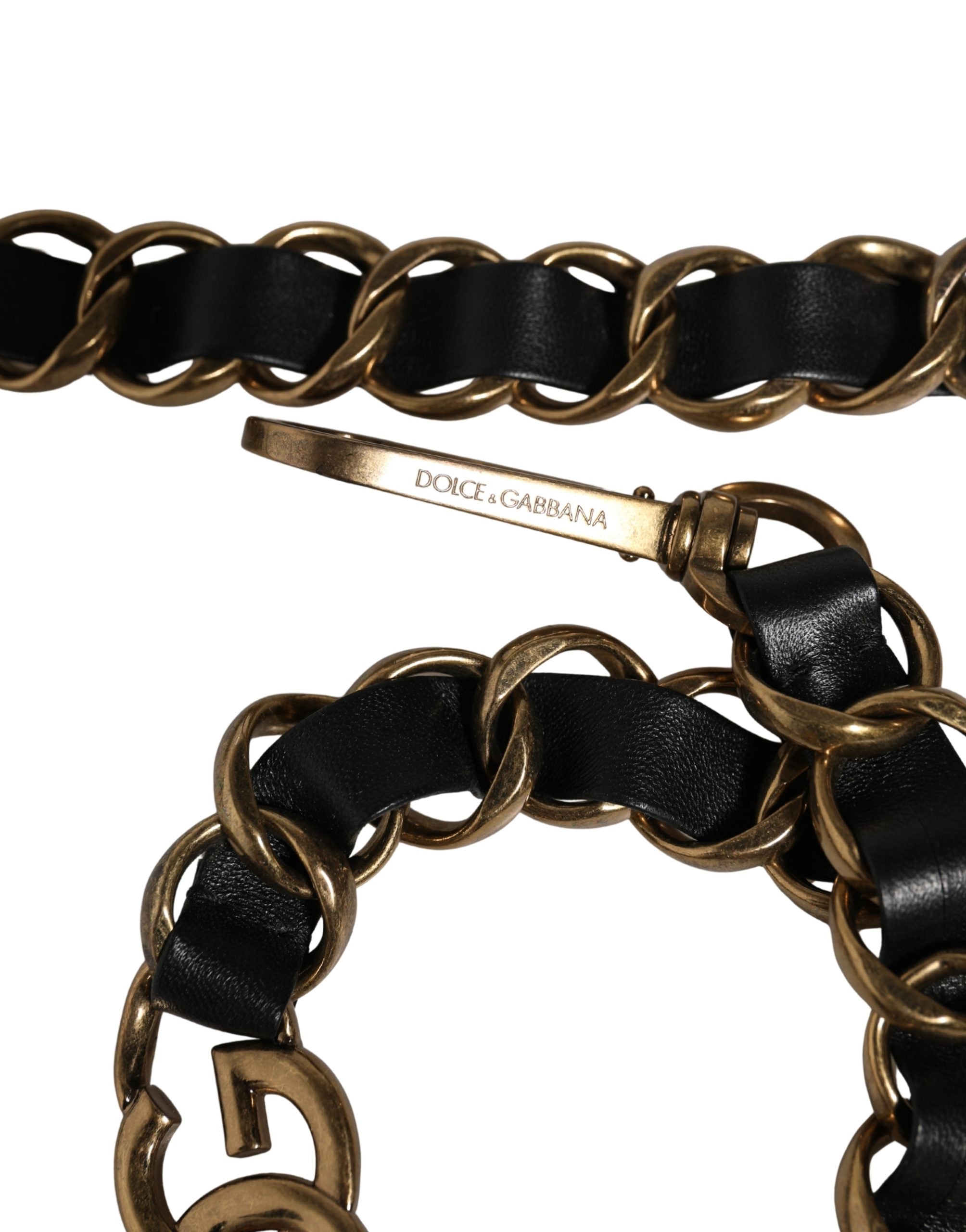 Sangle d'épaule en cuir noir Dolce & Gabbana avec chaîne en or pour sac à main ou accessoire de mode.