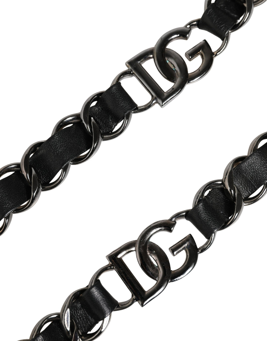 Sangle d’épaule en cuir noir avec chaîne argentée pour sac Dolce & Gabbana, accessoire élégant et tendance.