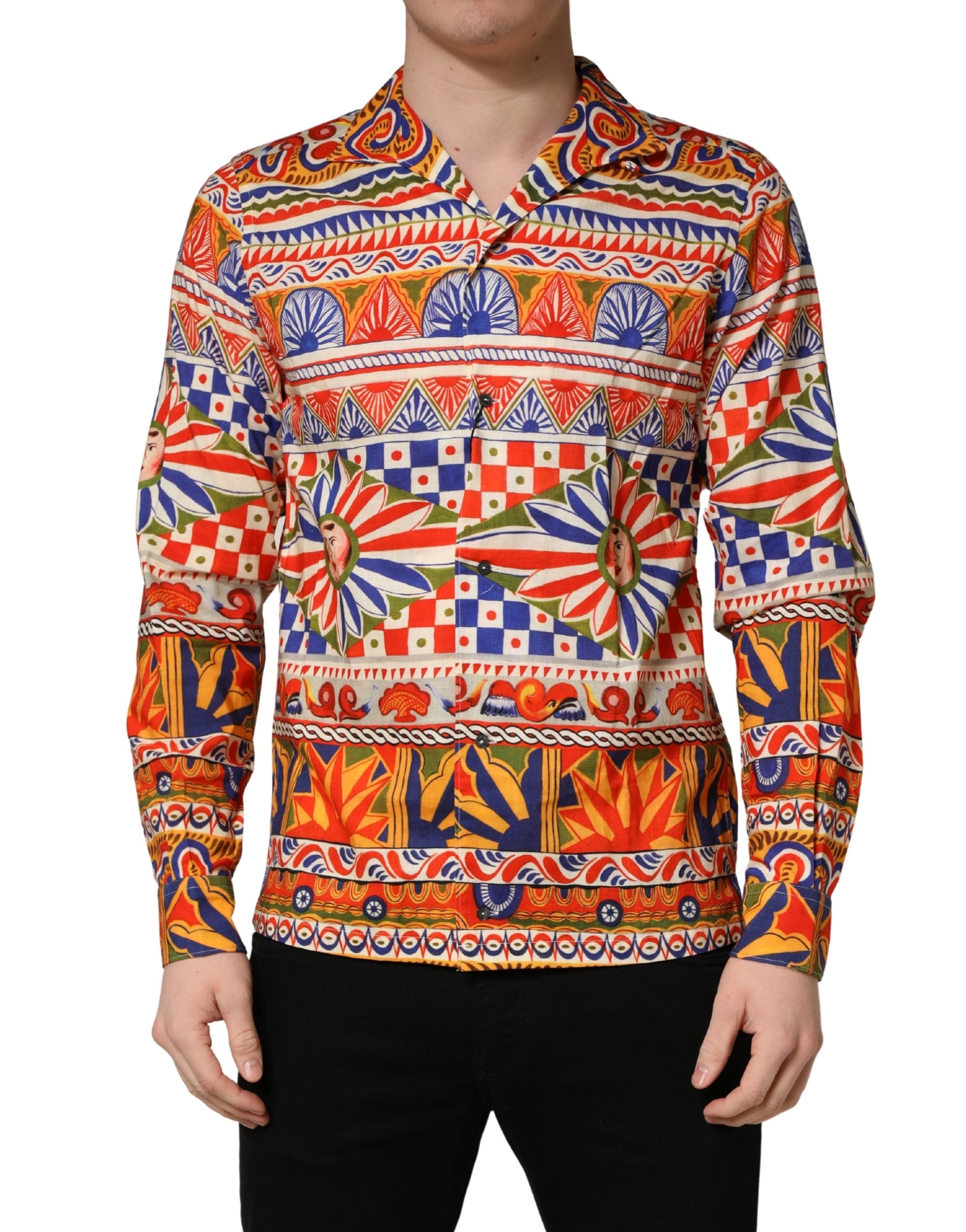 Chemise homme Dolce & Gabbana en coton à carreaux siciliens multicolores et motif Carretto, tissu twill élégant.