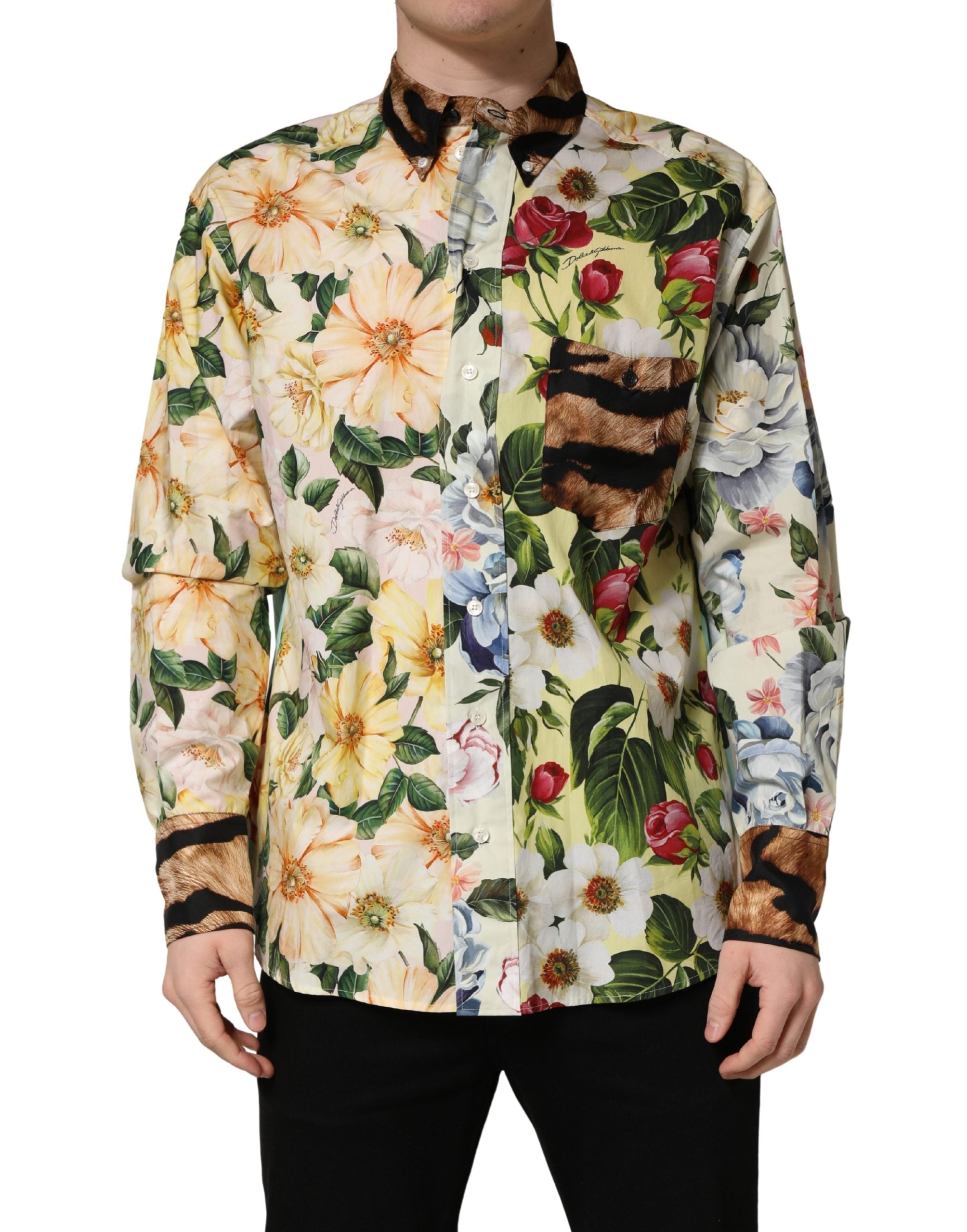 Chemise Dolce & Gabbana à col avec motif floral multicolore et imprimé animal, visible dans l'image.