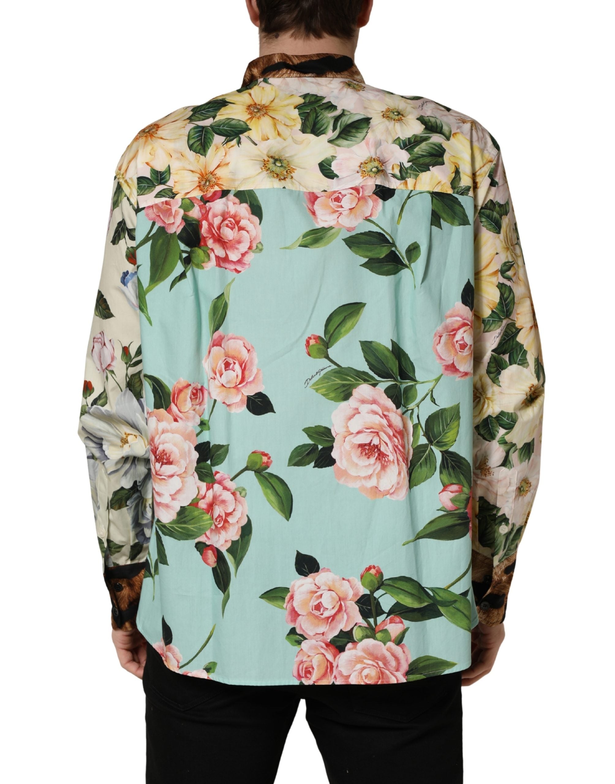 Chemise à col Dolce & Gabbana avec motif floral multicolore et imprimé animal, tissu léger et design élégant.