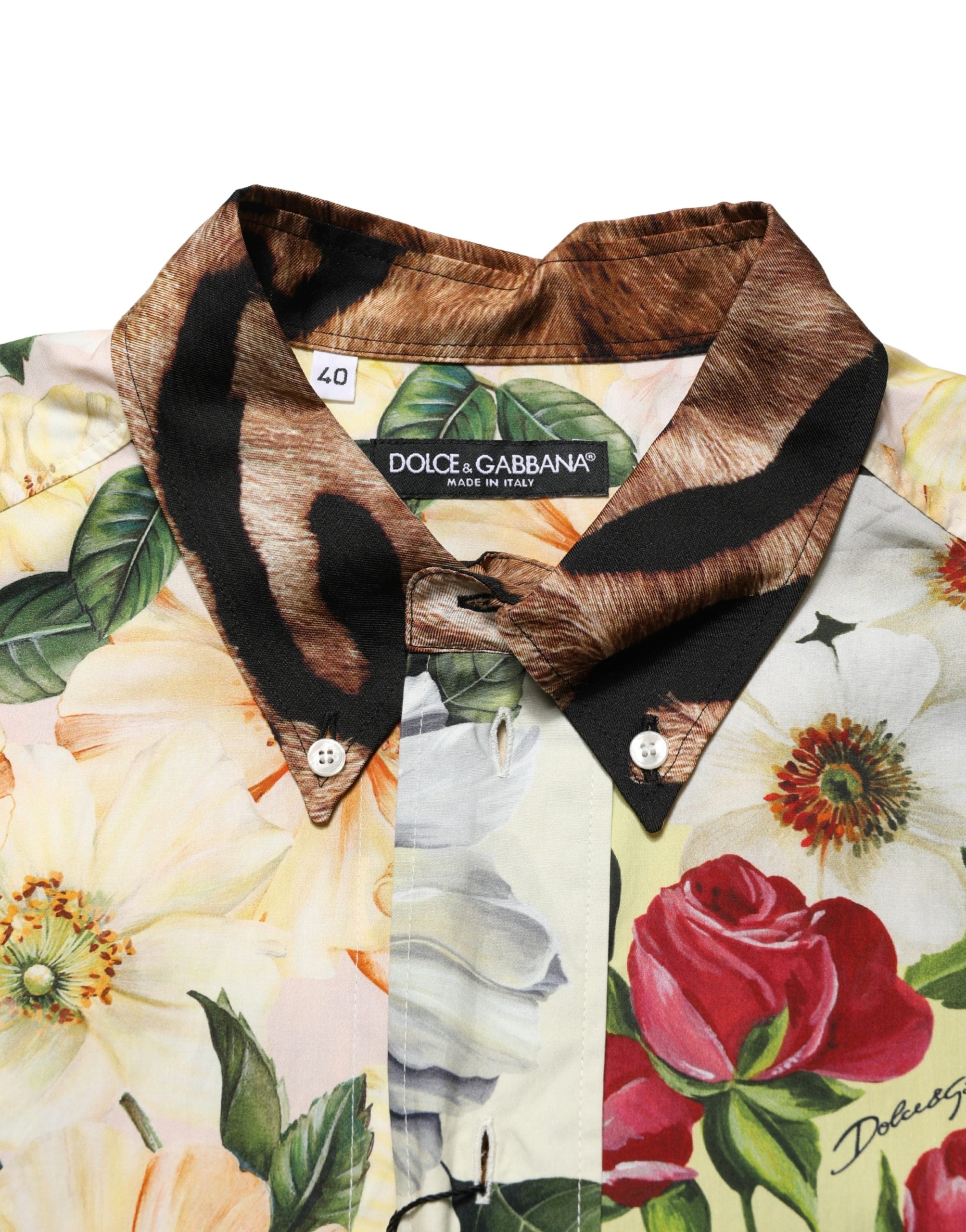 Chemise Dolce & Gabbana à col, motif floral multicolore et imprimé animal, en tissu léger.