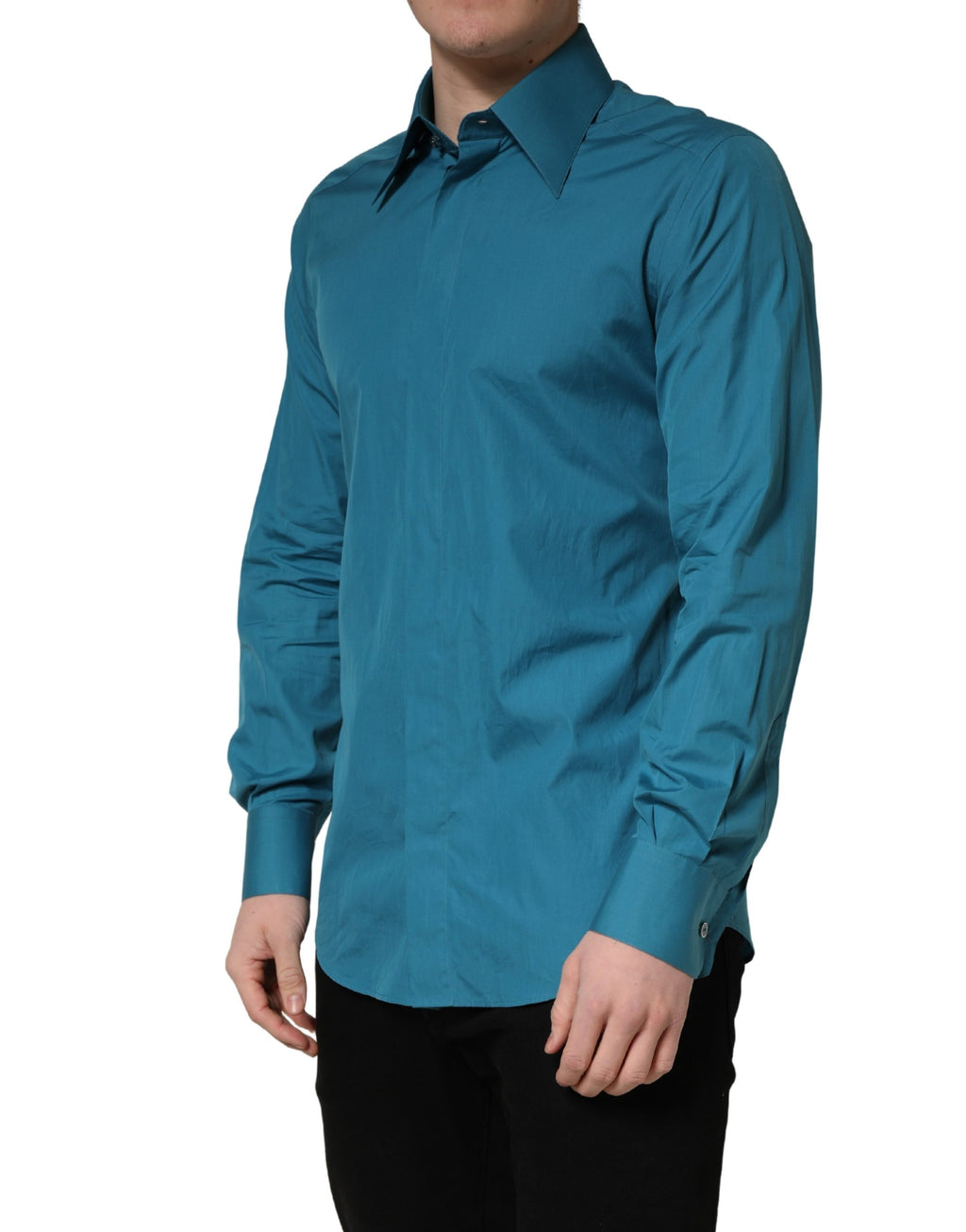 Chemise bleue à manches longues Dolce & Gabbana SARTORIA en coton, vue détaillée du tissu et du col.