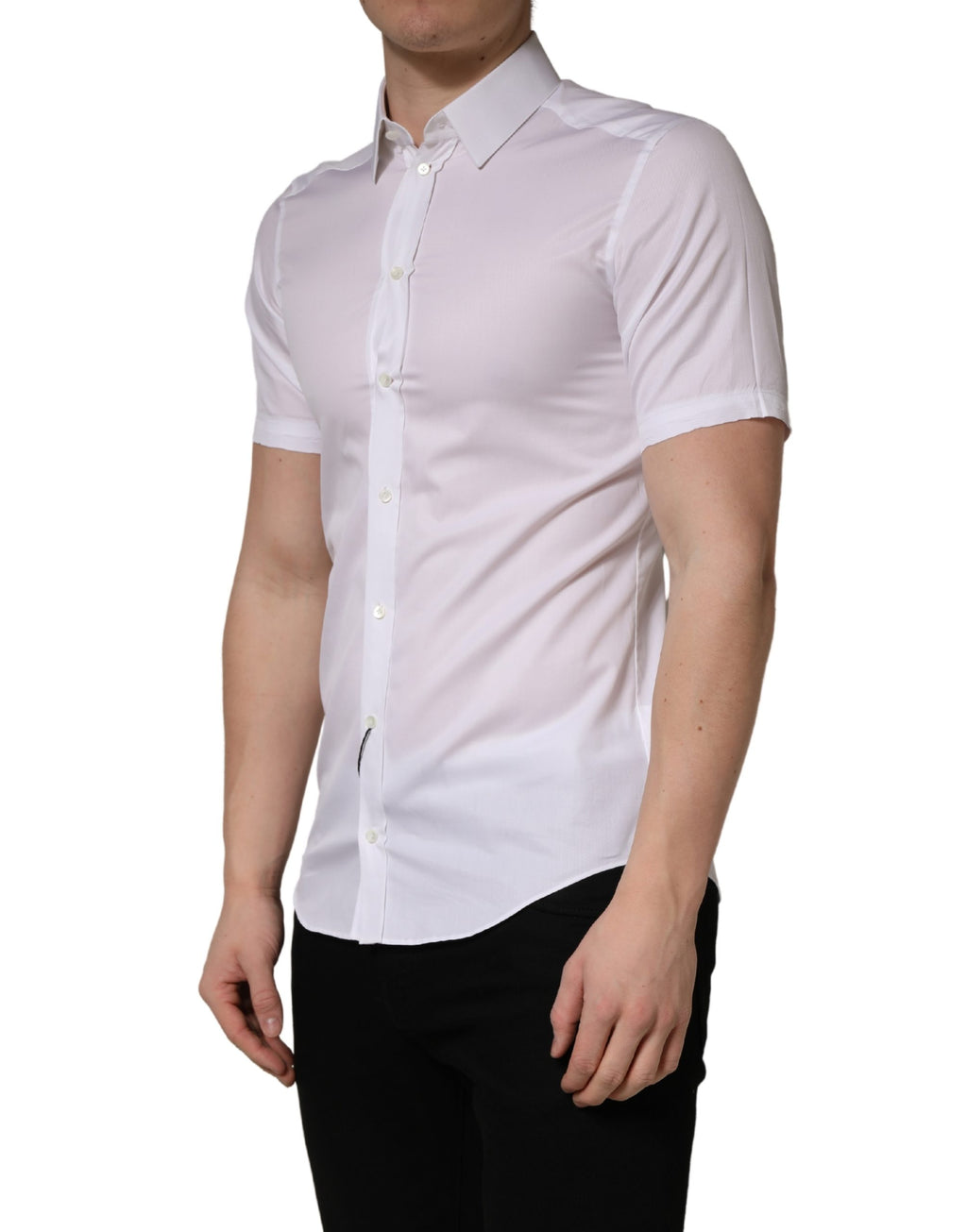 Chemise blanche en coton à manches courtes de Dolce & Gabbana, boutonnière, style élégant et décontracté.
