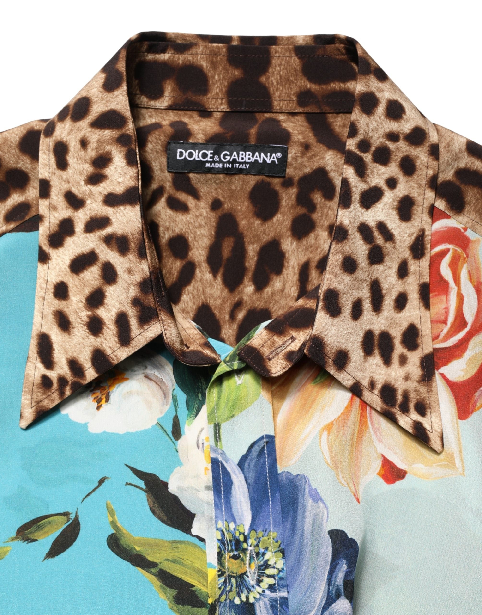 Chemise à col Dolce & Gabbana avec imprimé floral multicolore et motif animal, style élégant et tendance.