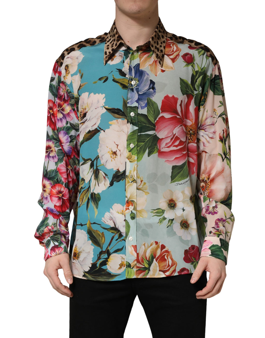 Chemise Dolce & Gabbana à col, motif floral multicolore avec imprimé animal, style élégant et coloré.