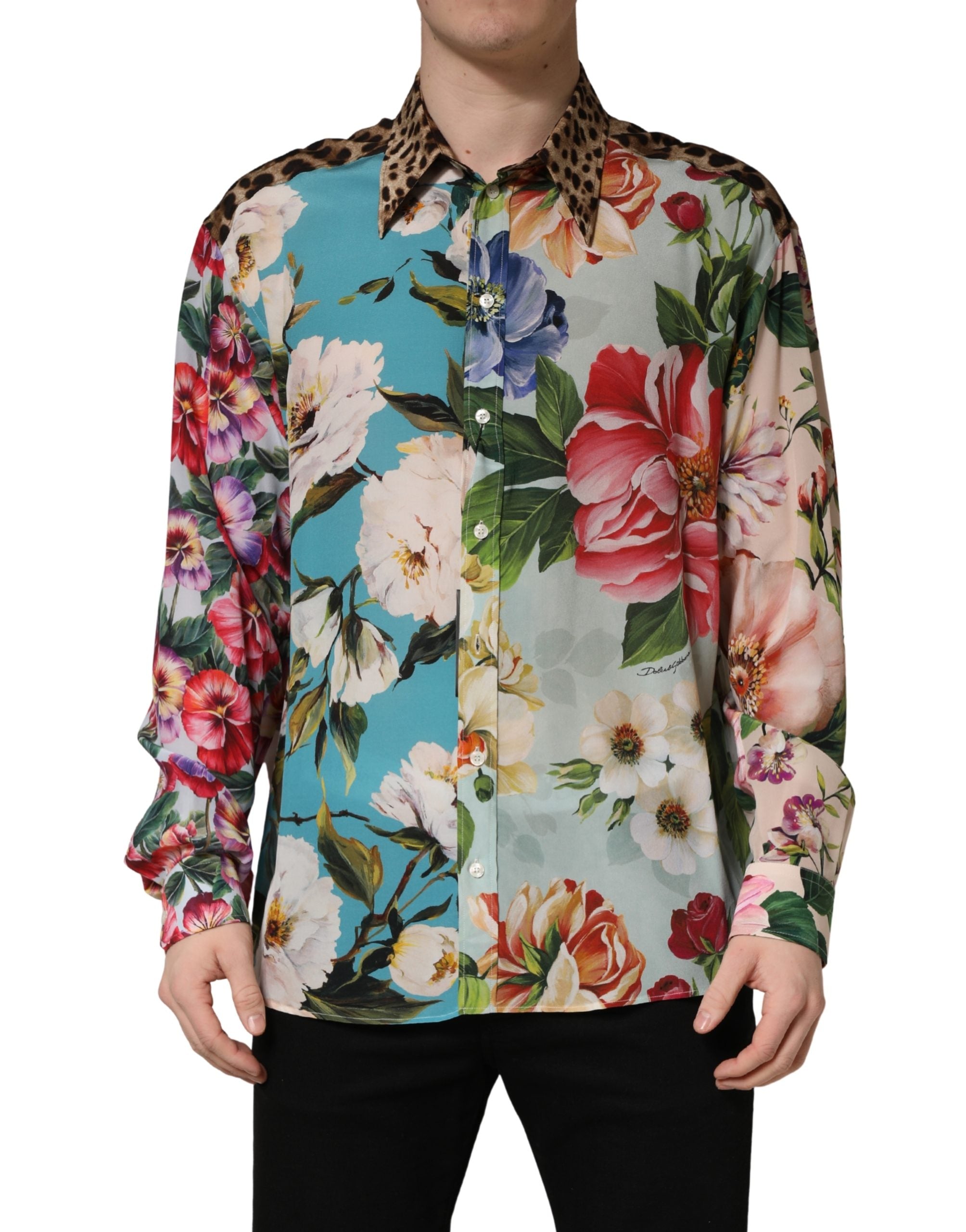 Chemise Dolce & Gabbana à col, motif floral multicolore avec imprimé animal, style élégant et coloré.
