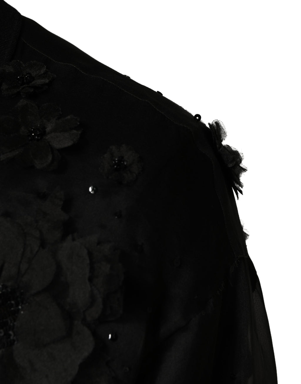 Chemise transparente à manches courtes Dolce & Gabbana avec appliqué floral noir, style élégant et sophistiqué.