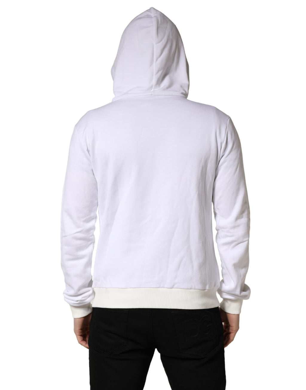 Sweat à capuche blanc Dolce & Gabbana Sacred Heart, pull en coton avec motif cœur sacré, détail mode élégant.