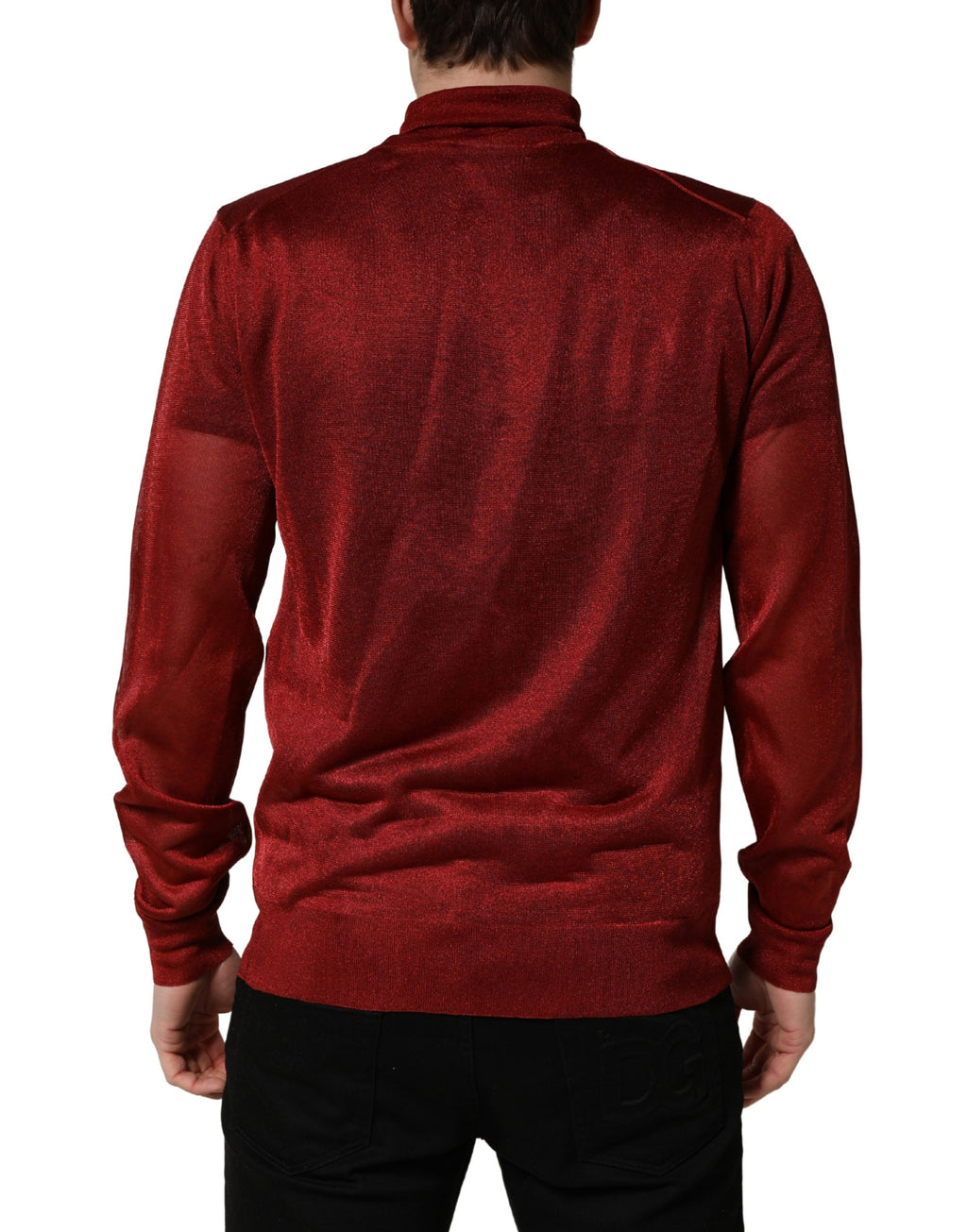 Pull à col roulé rouge Dolce & Gabbana à manches longues, en laine douce, porté sur un mannequin.