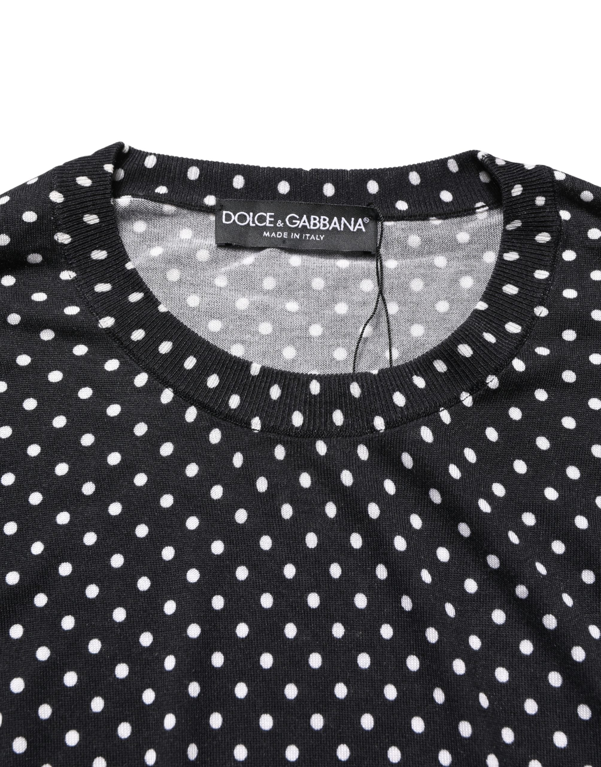 Pull à col rond noir à pois blancs de Dolce & Gabbana, pull-over en maille avec motif à pois, style élégant et classique.
