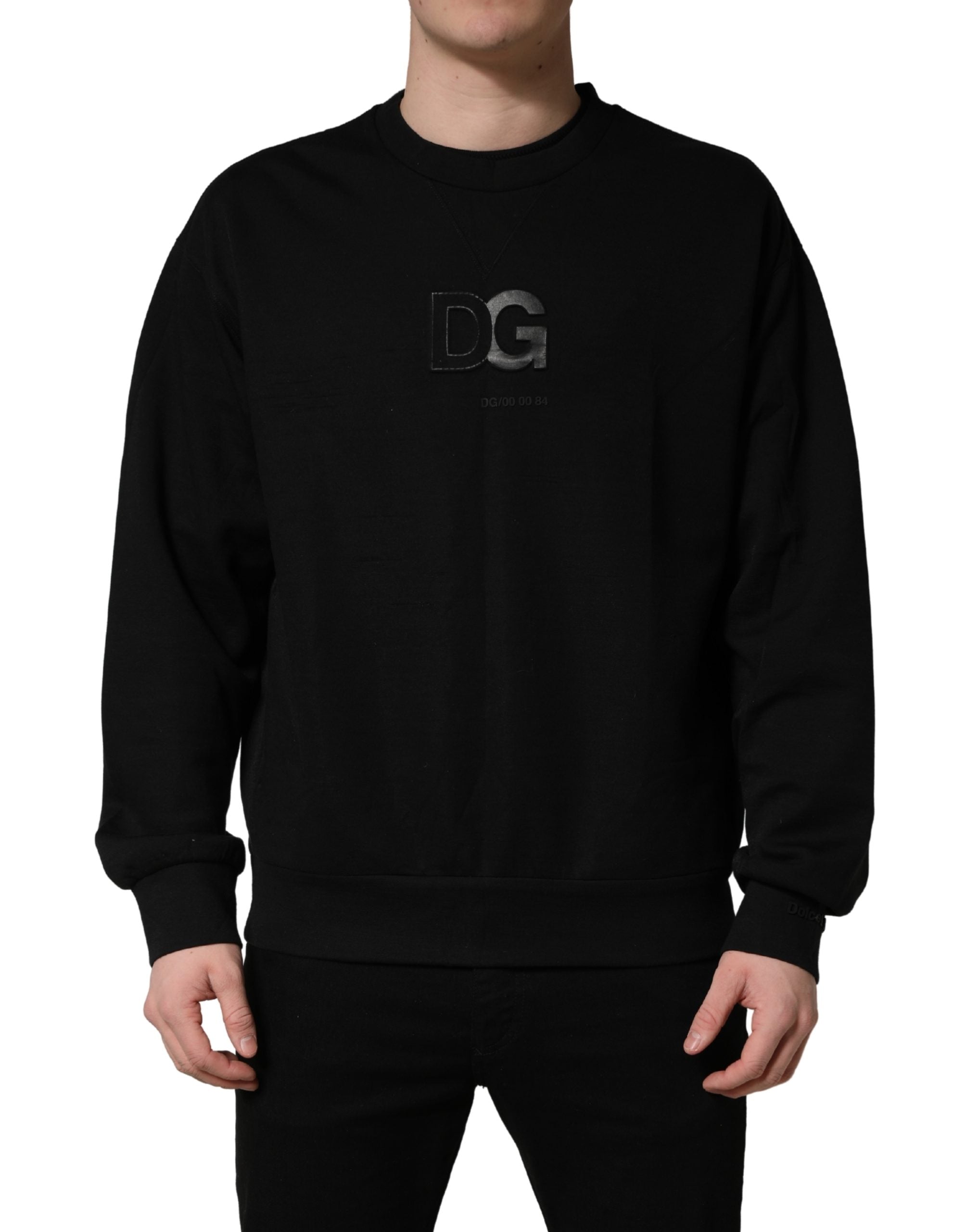 Pull noir en coton Dolce & Gabbana pour homme, col rond, pull à manches longues, style élégant et confortable.