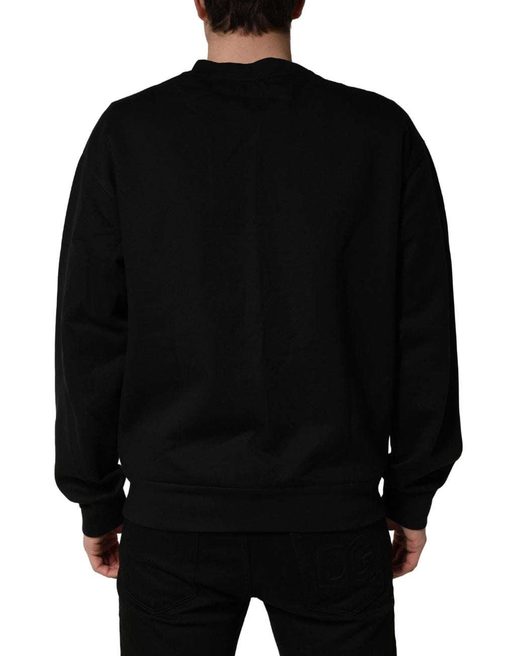 Pull à manches longues Dolce & Gabbana en coton noir pour homme, col rond, style élégant et confortable.