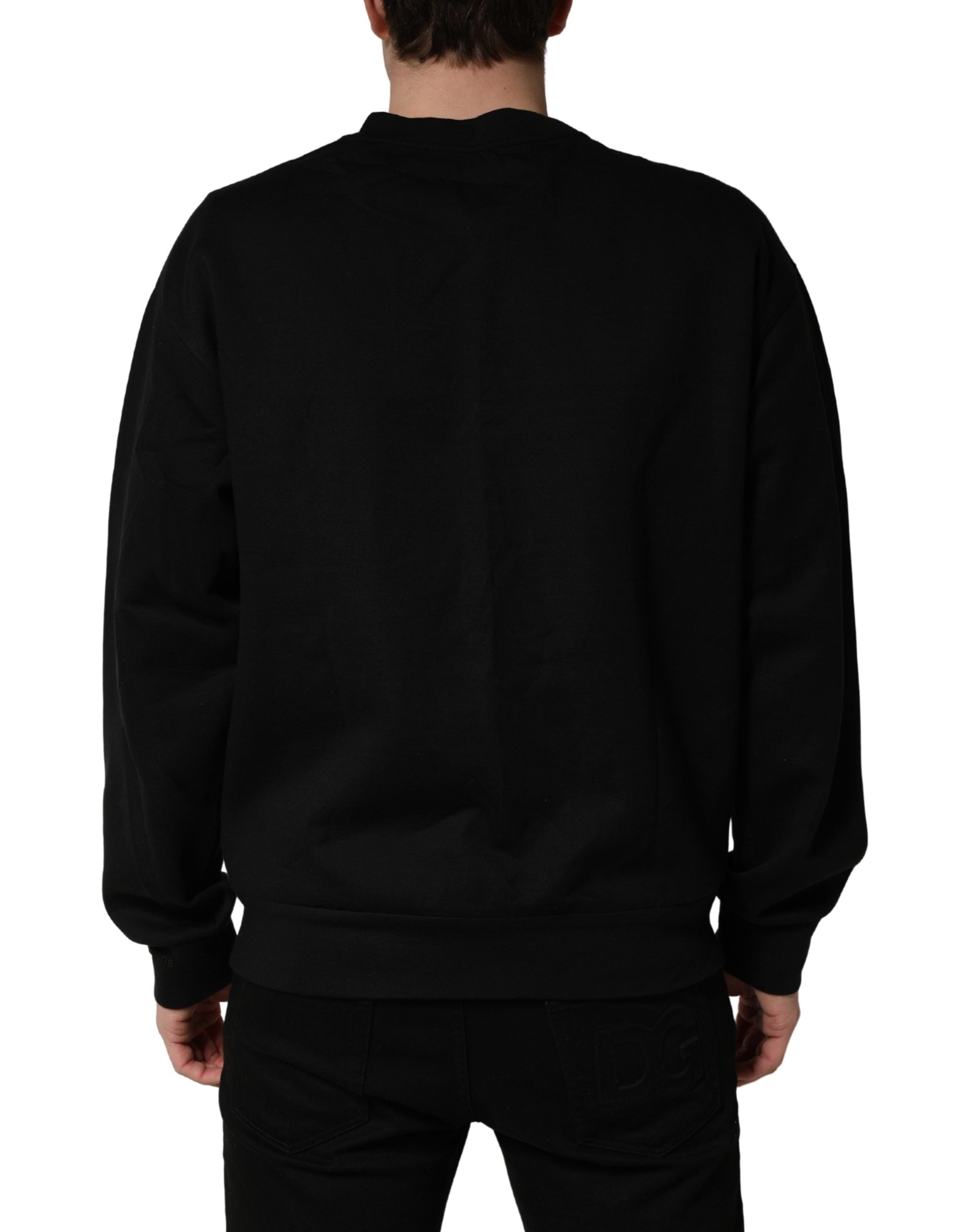Pull à manches longues Dolce & Gabbana en coton noir pour homme, col rond, style élégant et confortable.