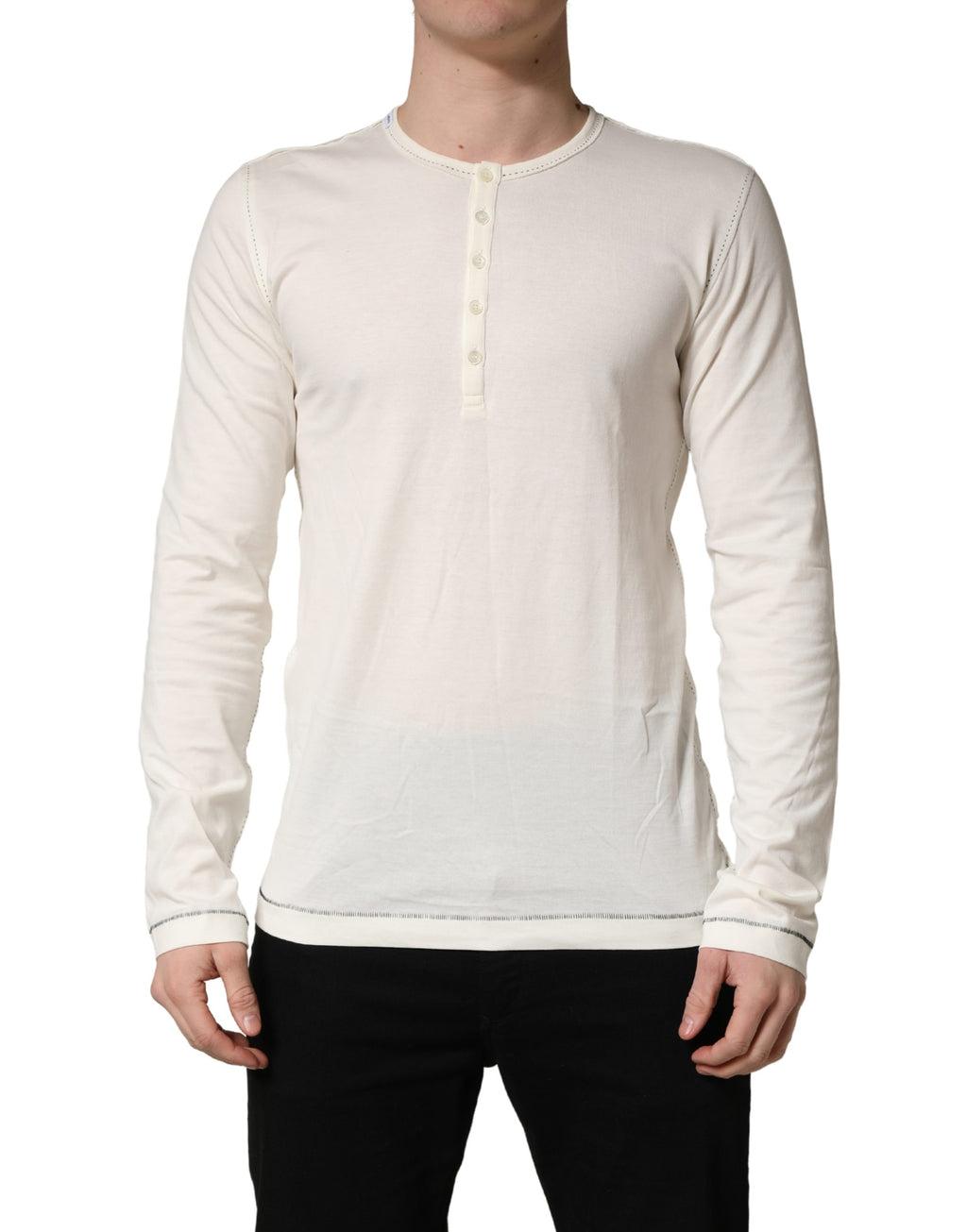 Pull à manches longues blanc Dolce & Gabbana, pull-over en coton avec col Henley, détail simple et élégant.